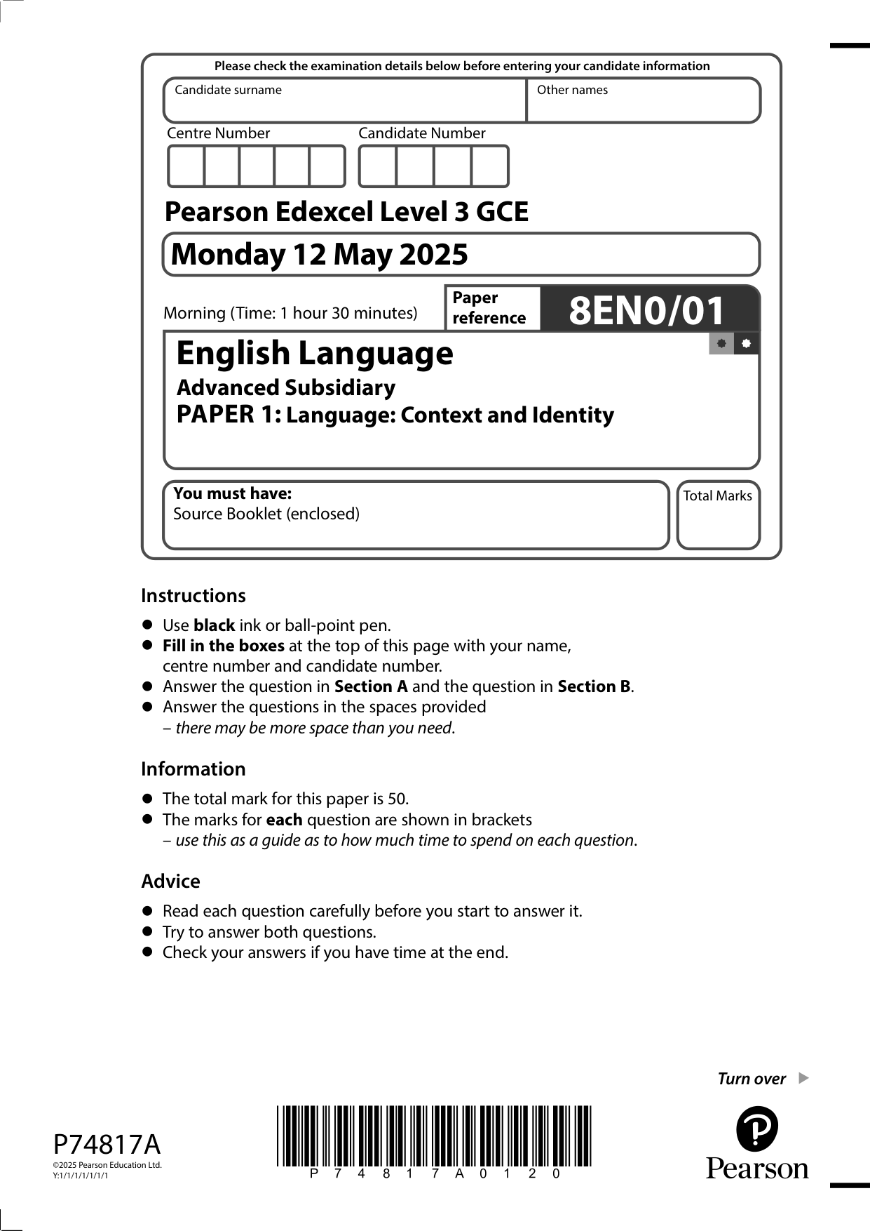 Pearson Edexcel AS English Language Paper 1 2025 QP
