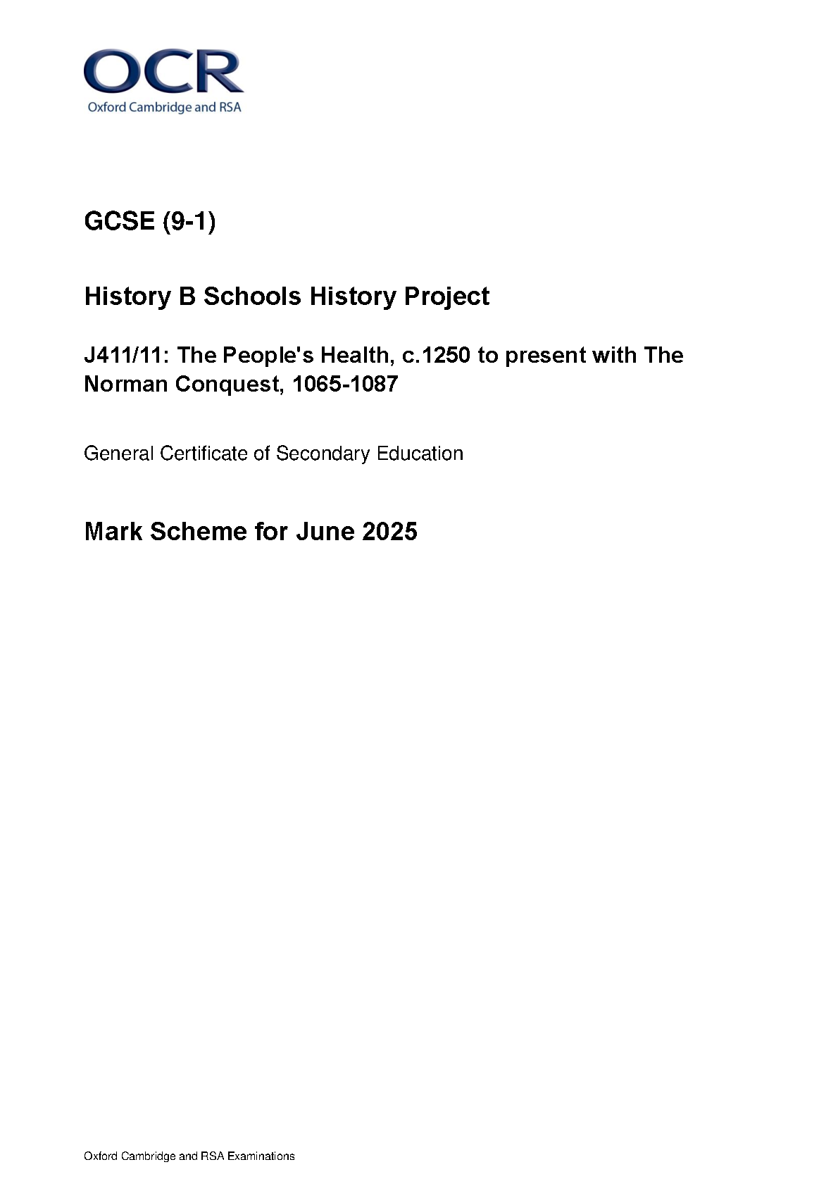 OCR GCSE History Paper 11 2025 Mark Scheme