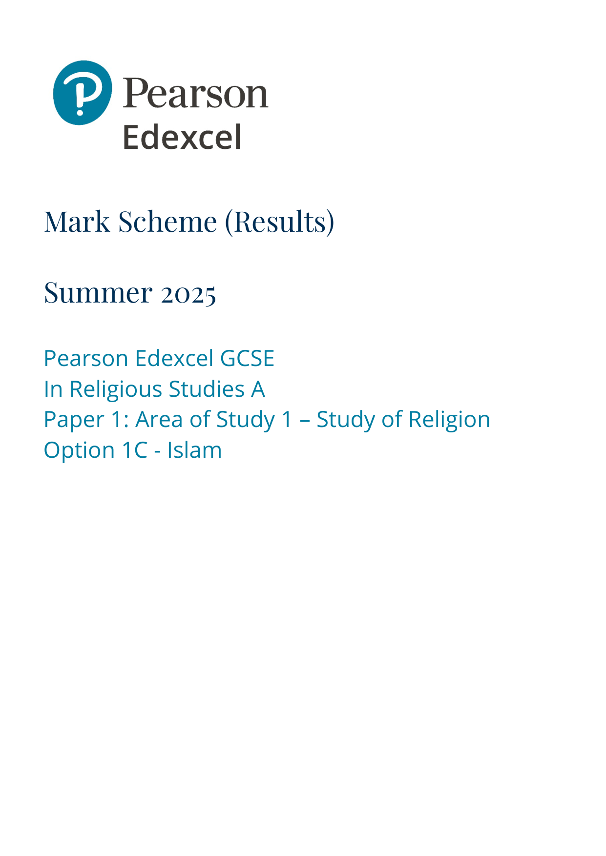 Pearson Edexcel GCSE Religious Studies Paper 1C 2025 MS