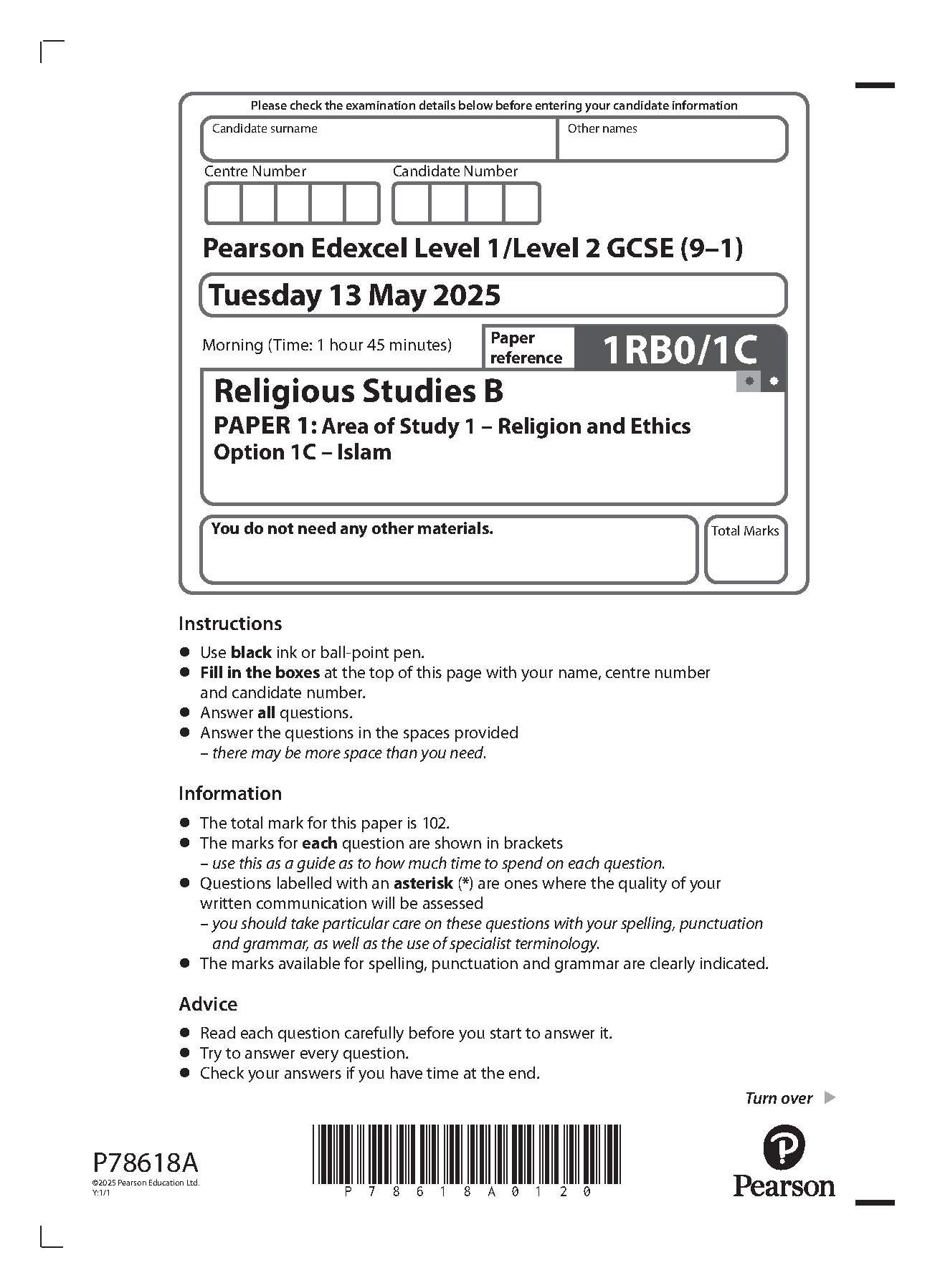 Pearson Edexcel GCSE Religious Studies  Paper 1C 2025 Paper IMG-1
