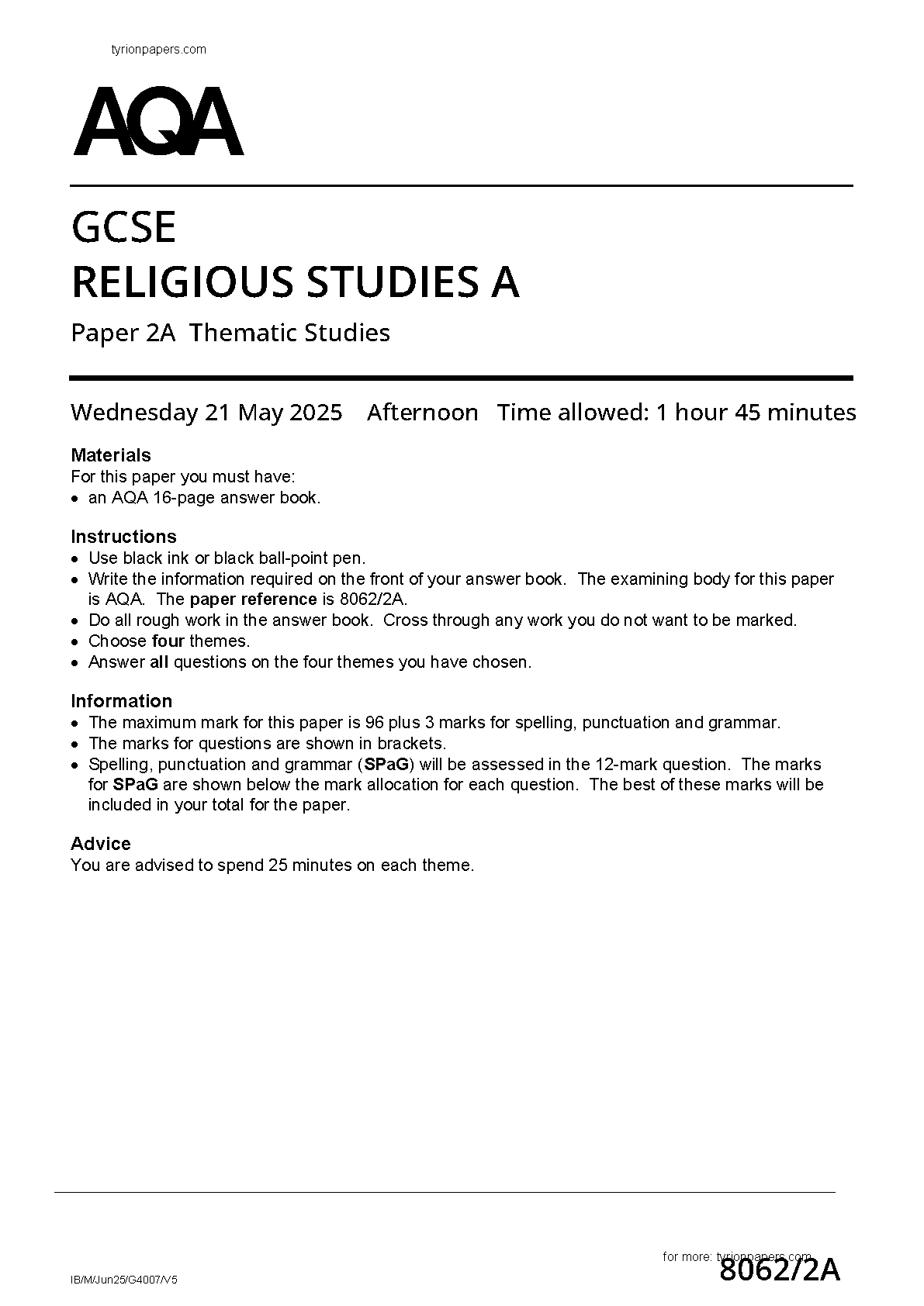 AQA GCSE Religious Studies A Paper 2A 2025 Question Paper IMG-1