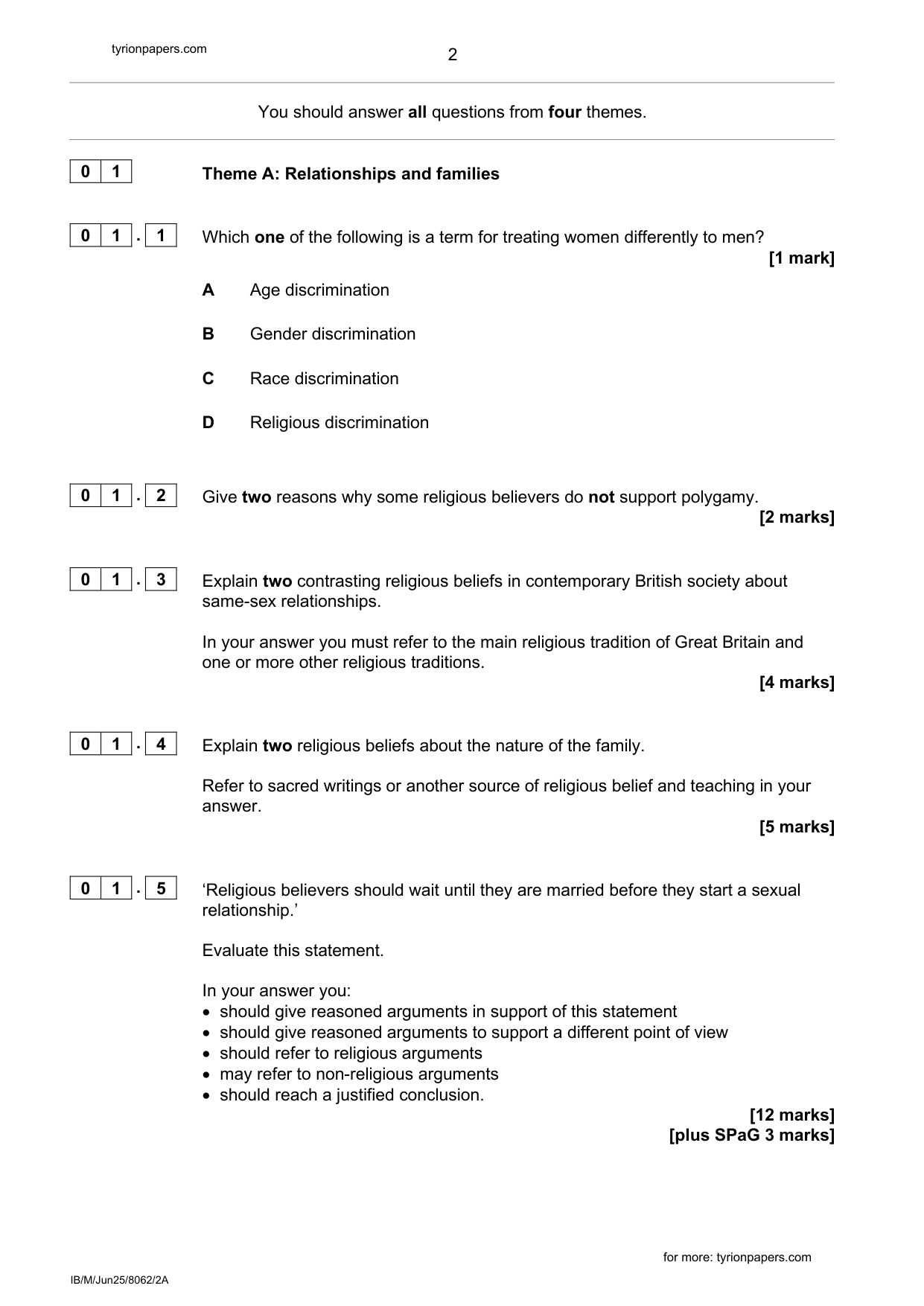 AQA GCSE Religious Studies A Paper 2A 2025 Question Paper