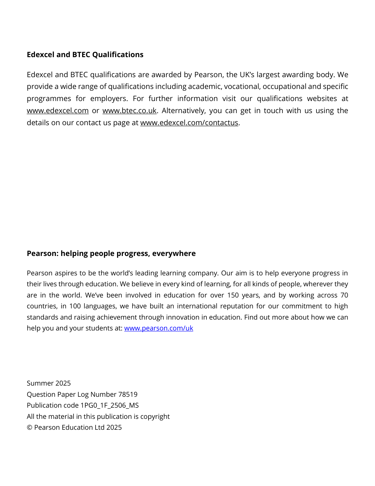 Pearson Edexcel GCSE Portuguese Paper 1F 2025 Mark Scheme