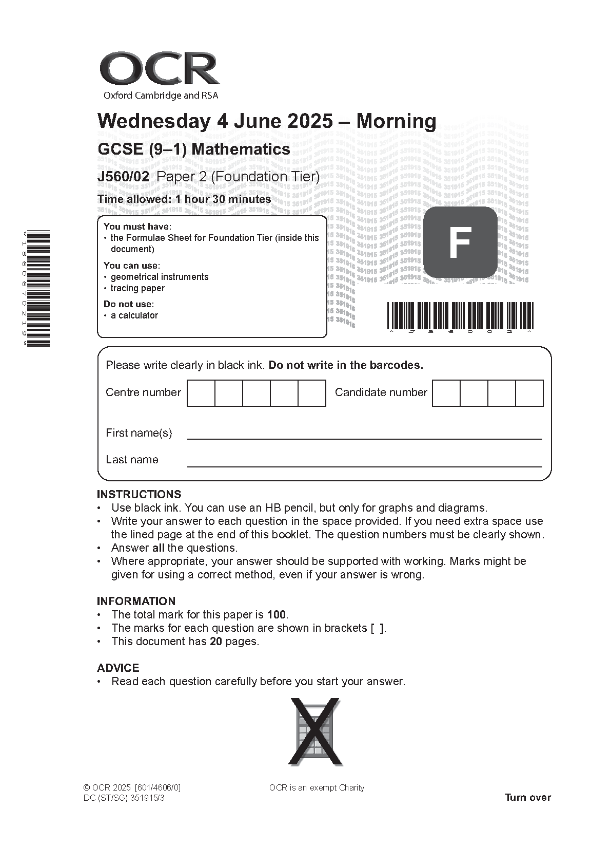 OCR GCSE Maths Paper 2 2025 Question Paper