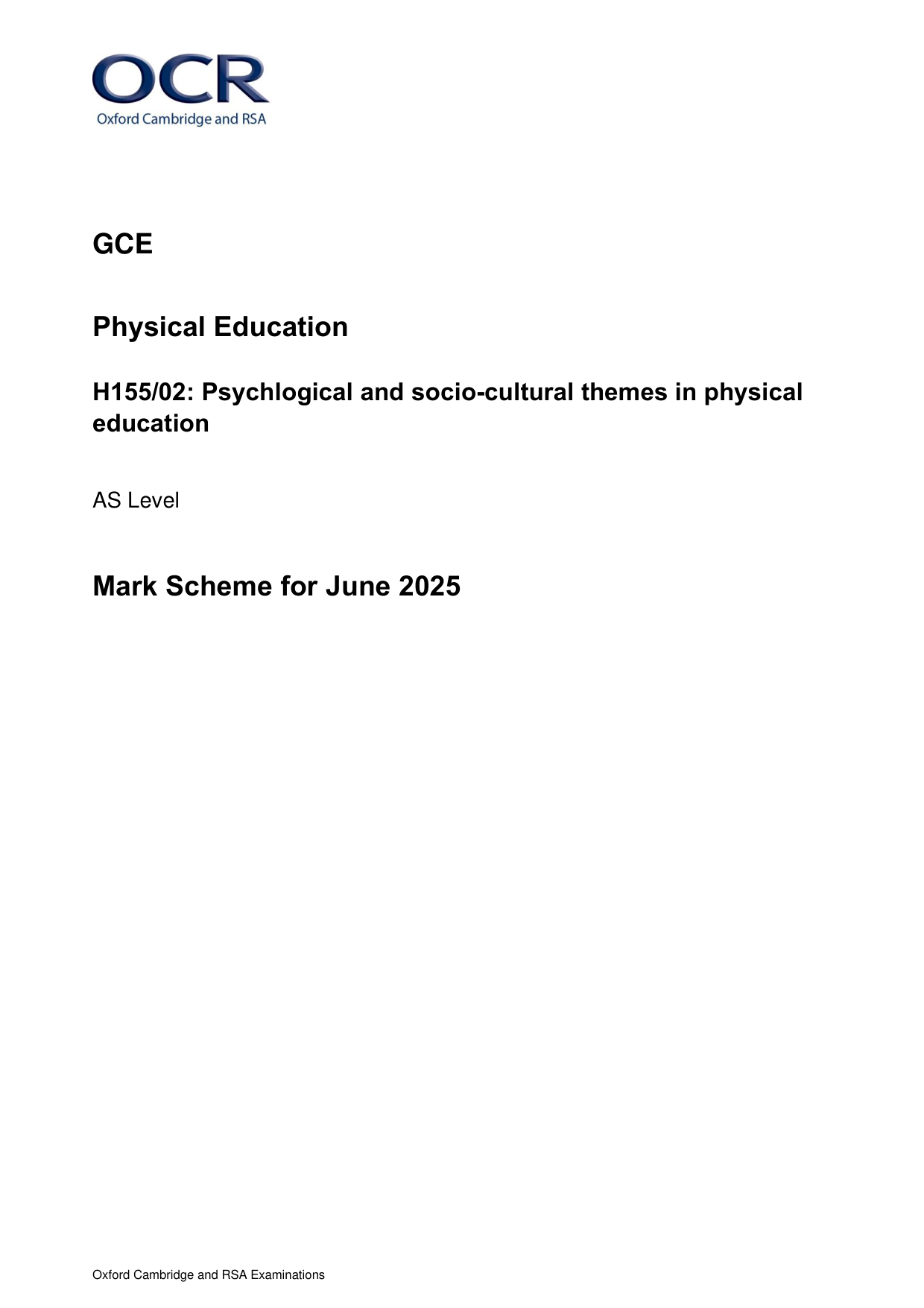 OCR AS Physical Education Paper 2 2025 Mark Scheme PDF
