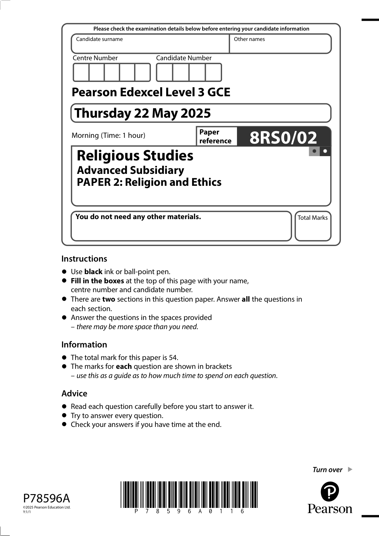 Pearson Edexcel AS Religious Studies Paper 2 2025 QP