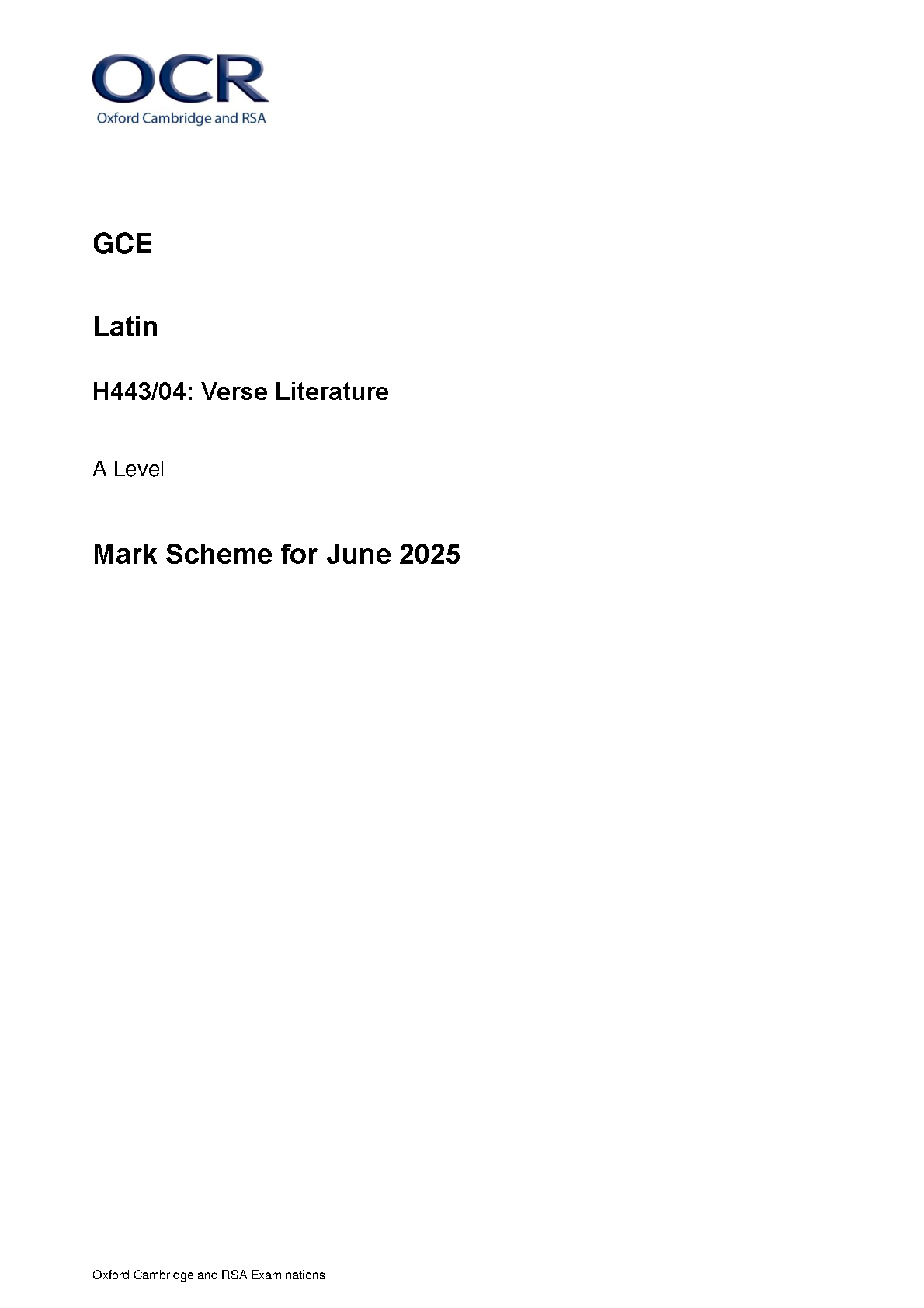 OCR A Level Latin Paper 4 2025 Mark Scheme