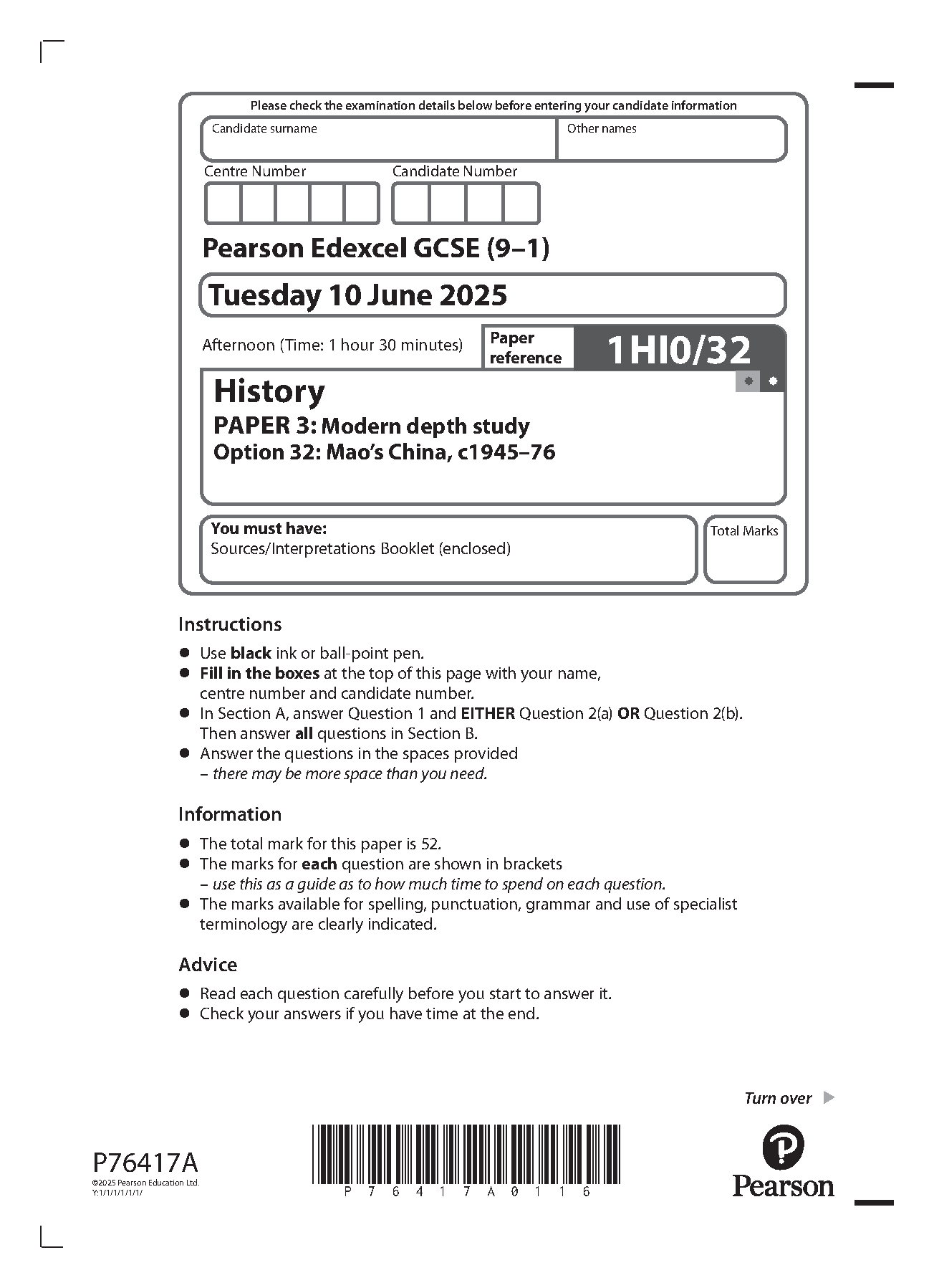 Pearson Edexcel GCSE History Paper 3 Option 32 2025 QP IMG-1