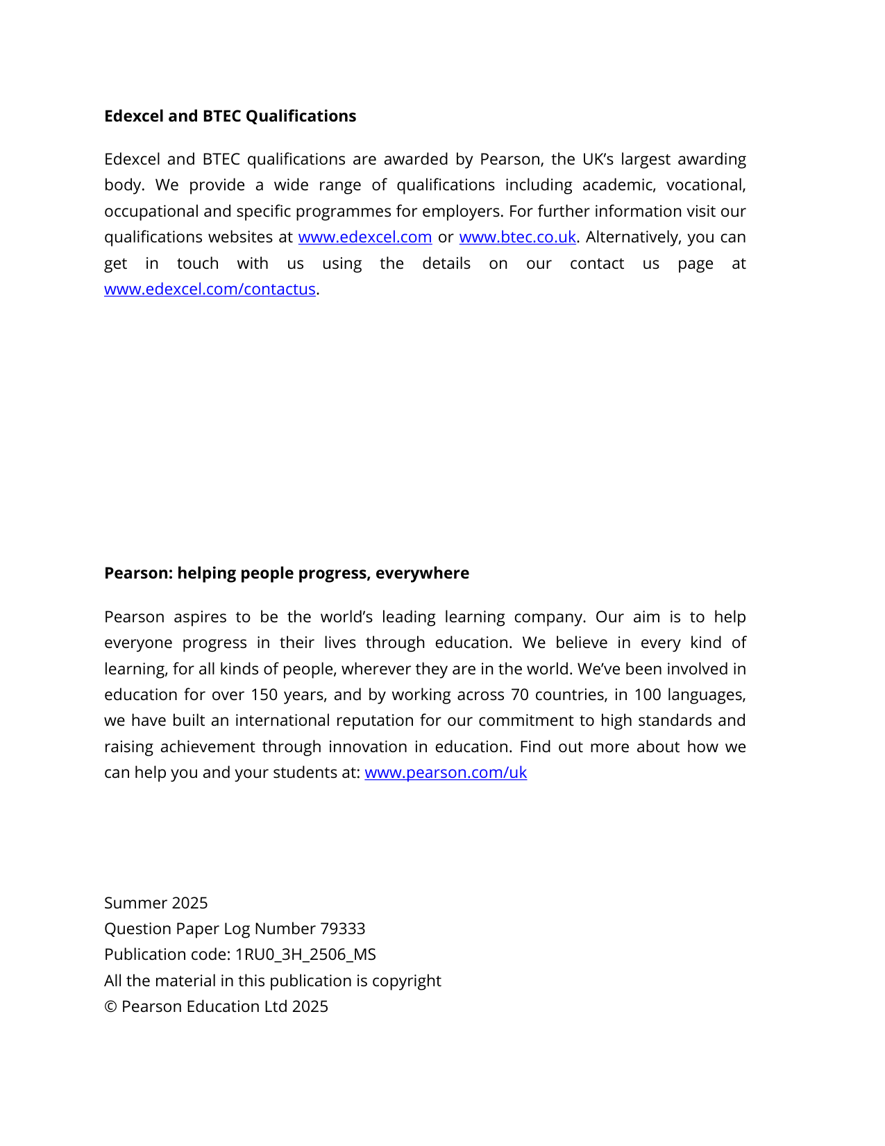 Pearson Edexcel GCSE Russian Paper 3H 2025 Mark Scheme
