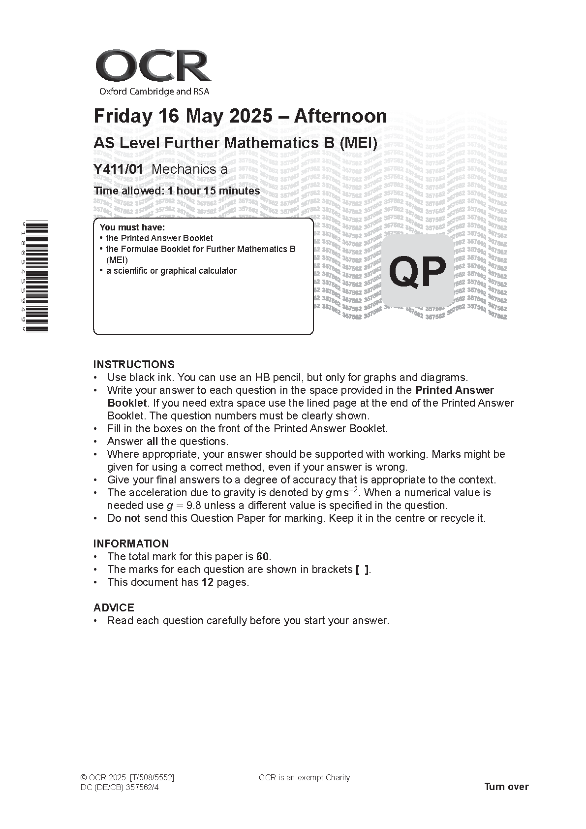 OCR AS Further Maths Paper 1 Mechanics June 2025 QP IMG-1