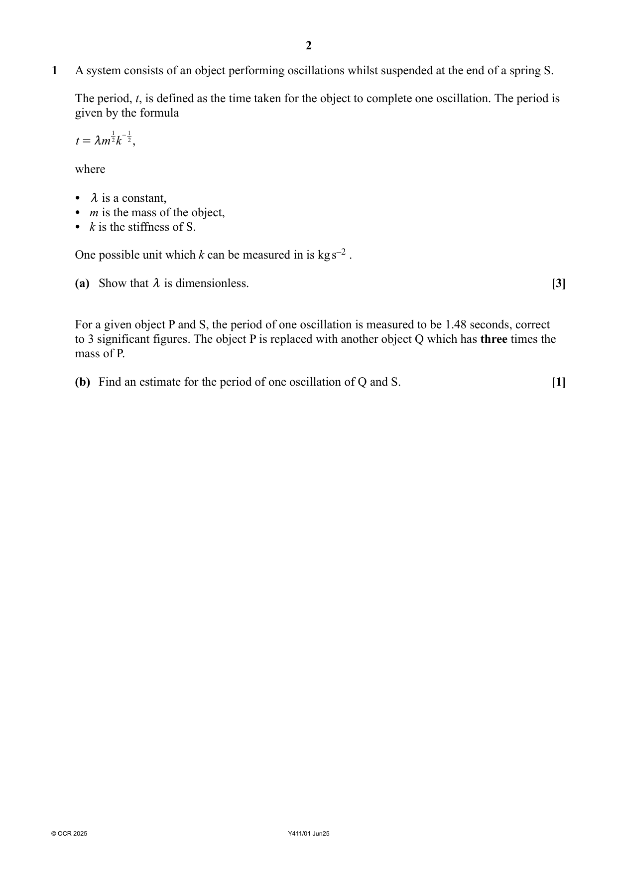 OCR AS Further Maths Paper 1 Mechanics June 2025 QP