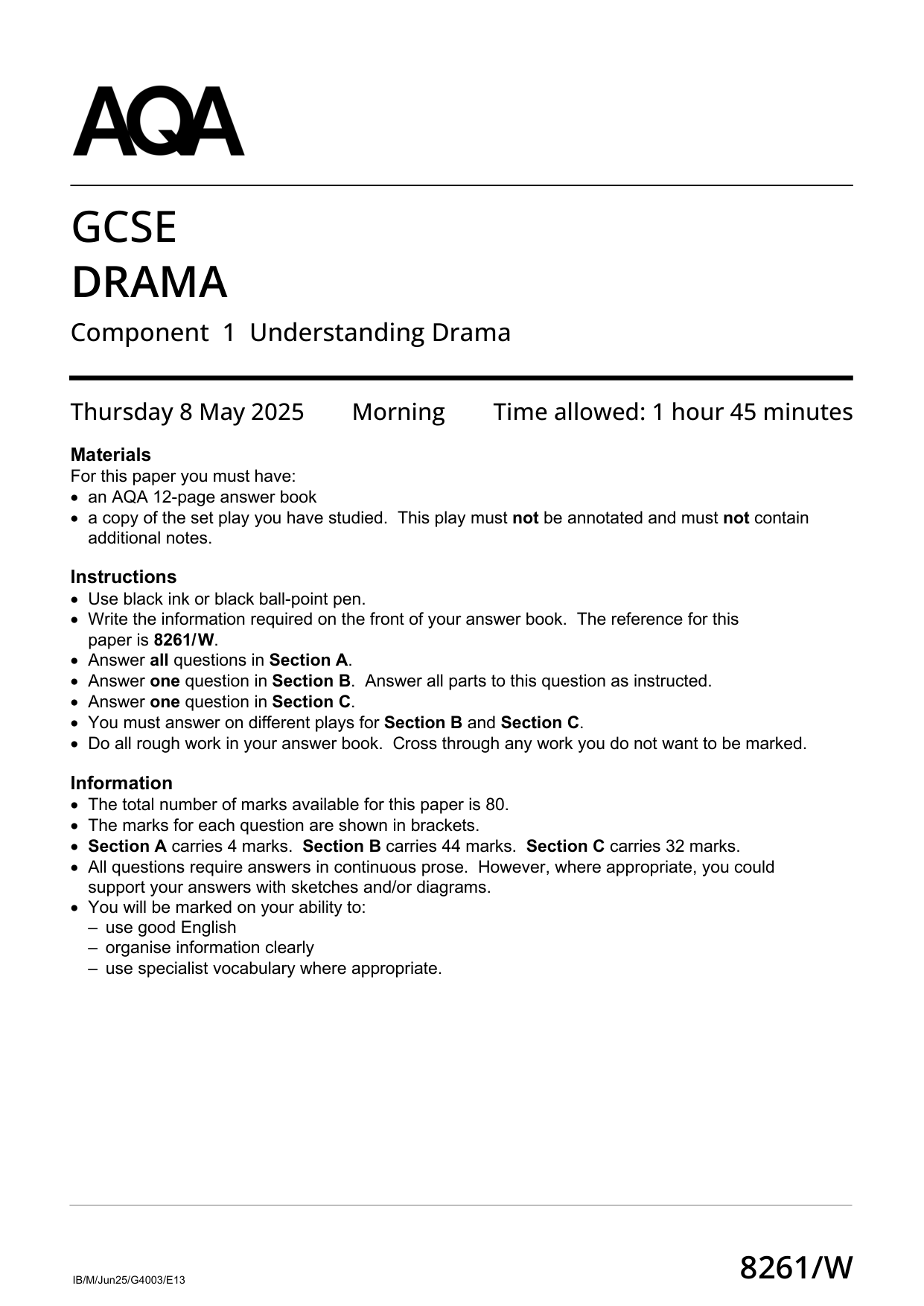 AQA GCSE Drama 2025 Question Paper