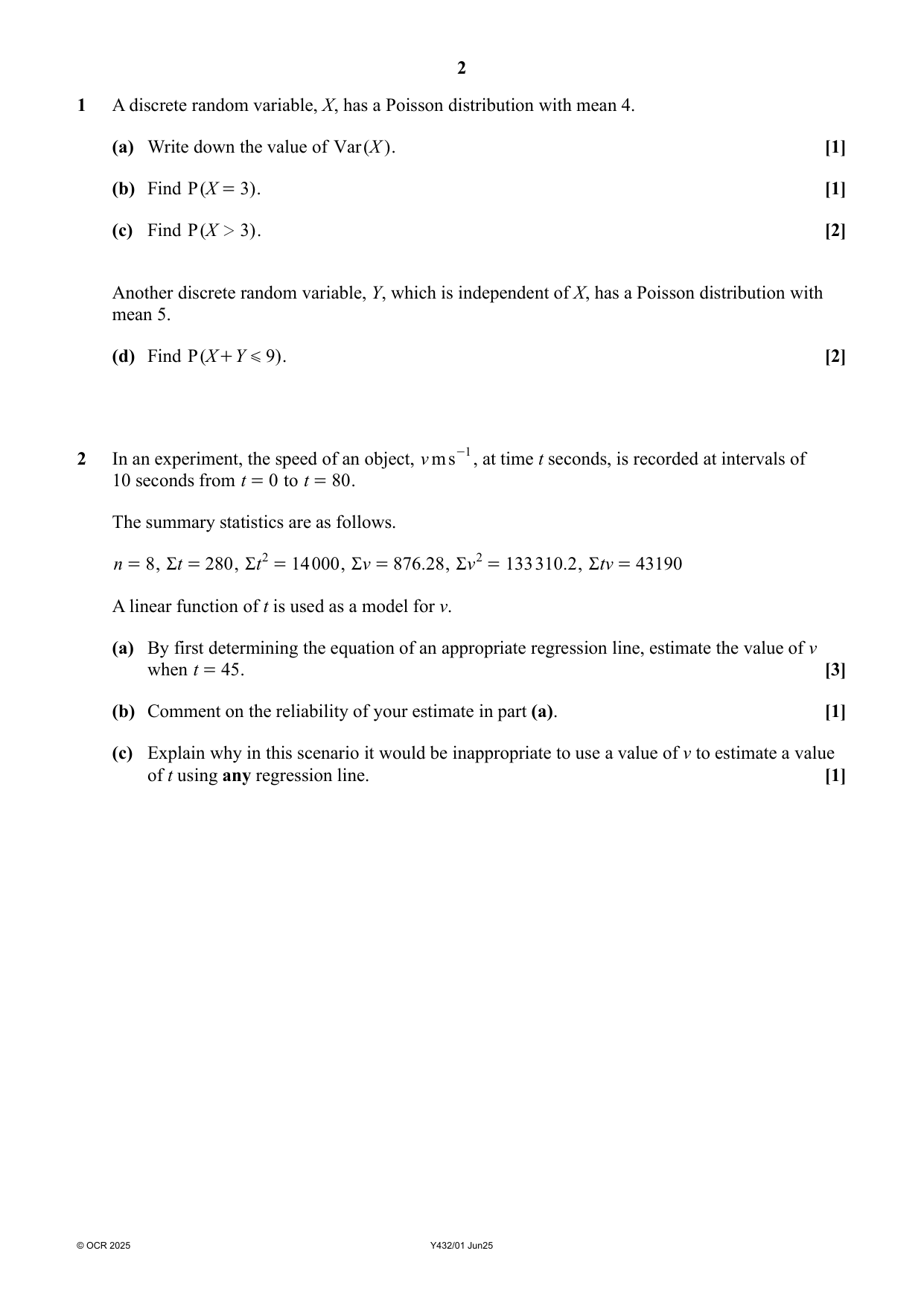 OCR A Level Further Maths Paper 1 Statistics Minor 2025 QP