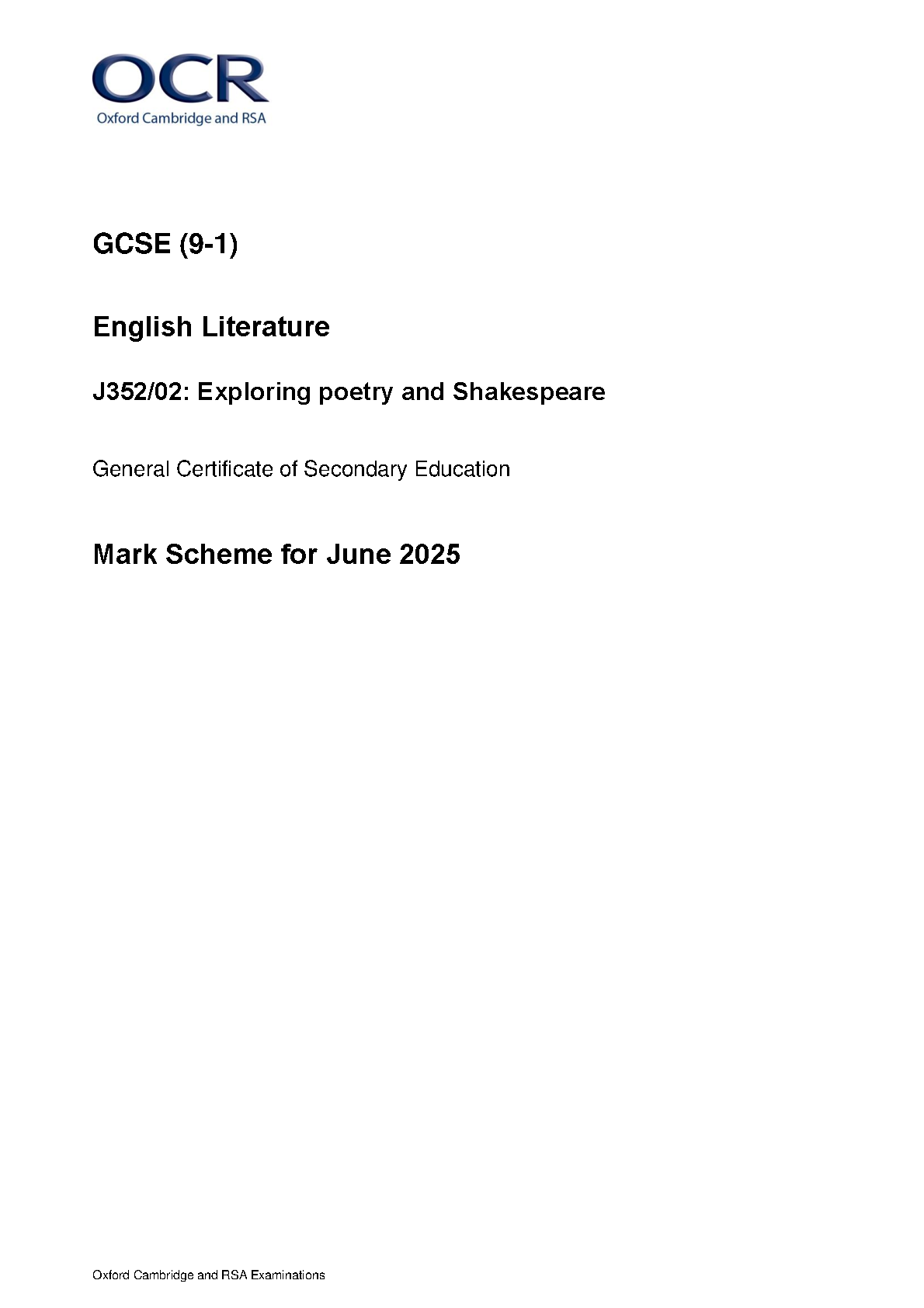 OCR GCSE English Literature Paper 2 2025 Mark Scheme
