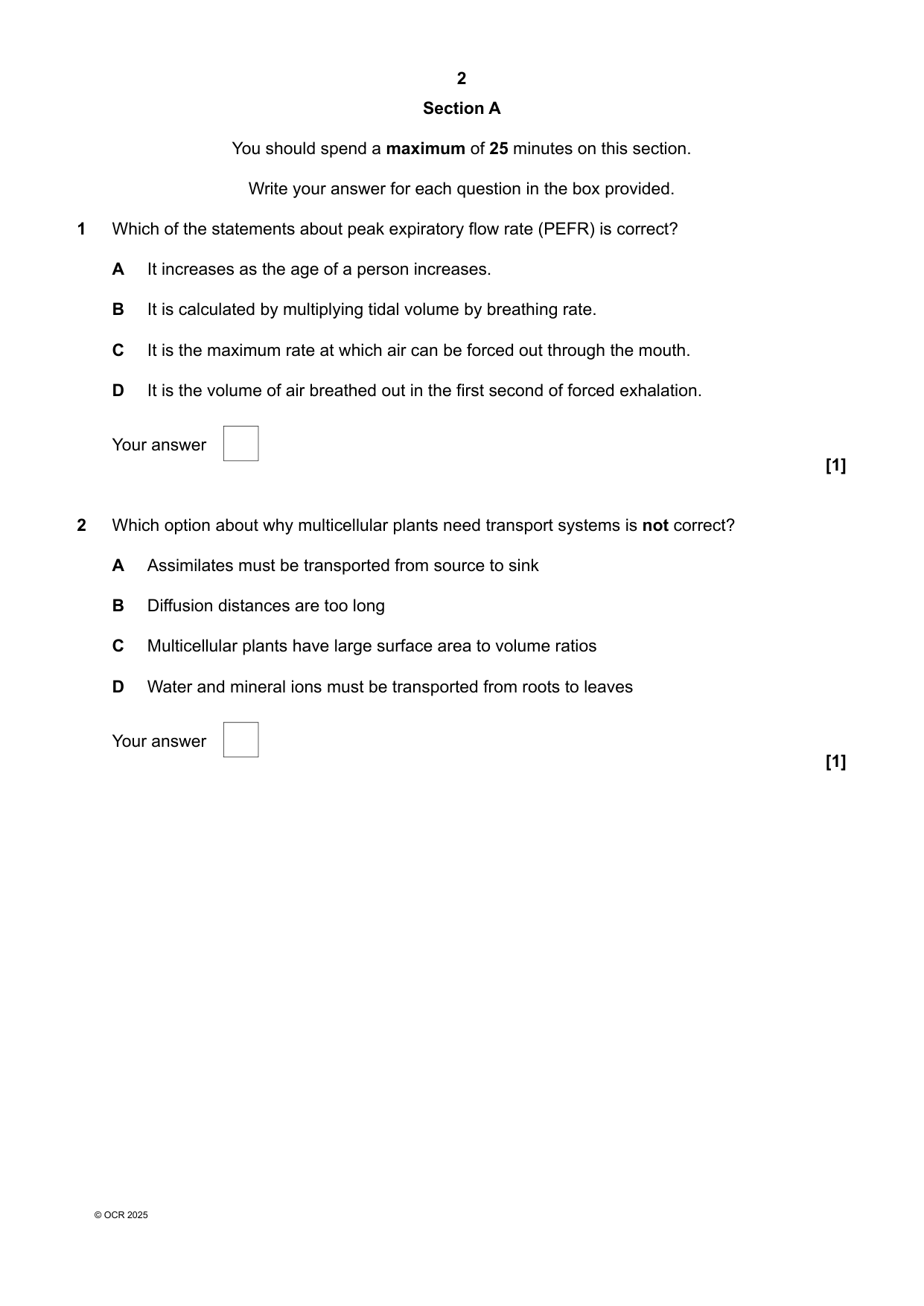 OCR AS Biology B Paper 1 2025 Question Paper PDF