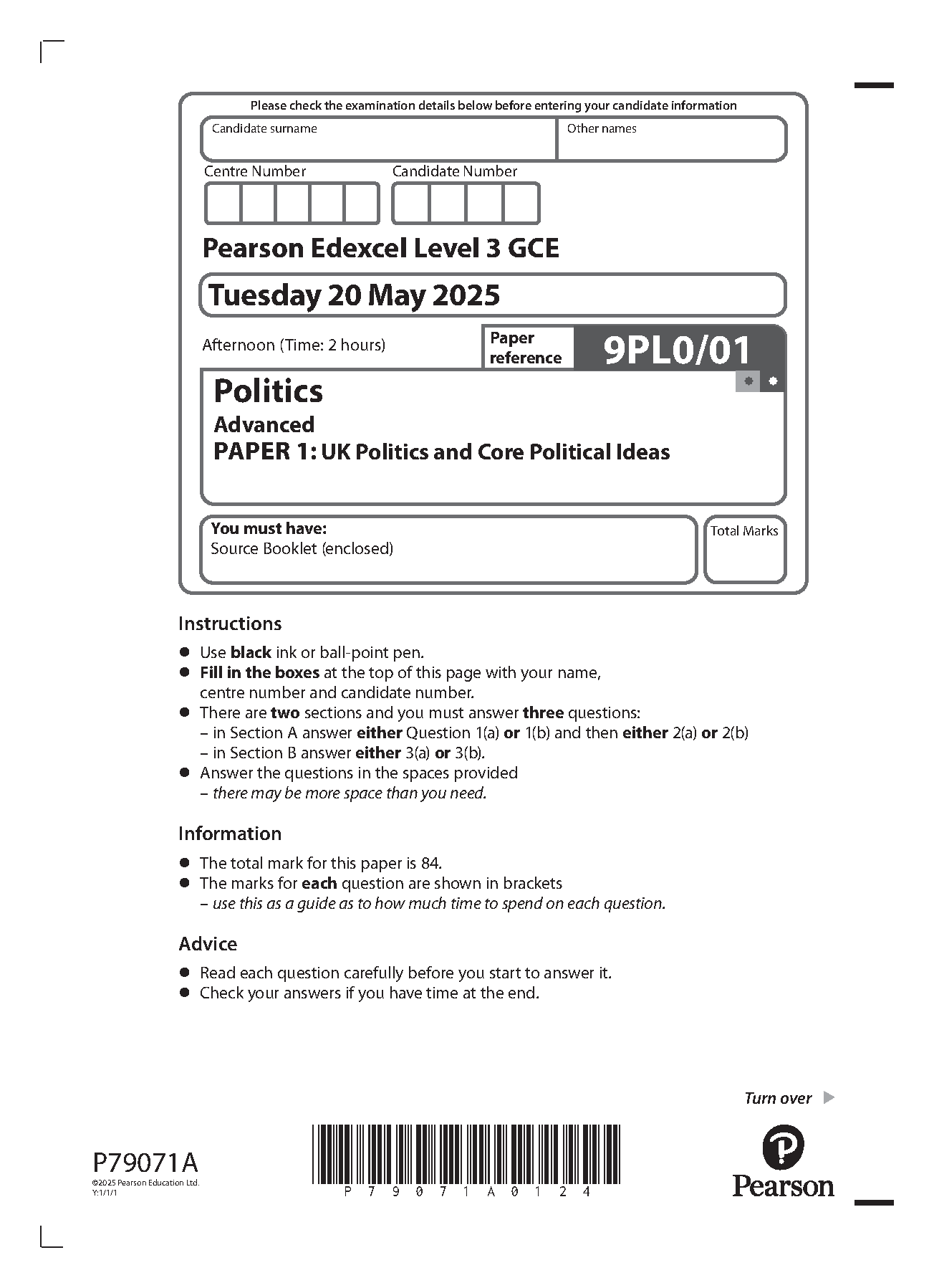 Pearson Edexcel A Level Politics Paper 1 2025 Question Paper IMG-1