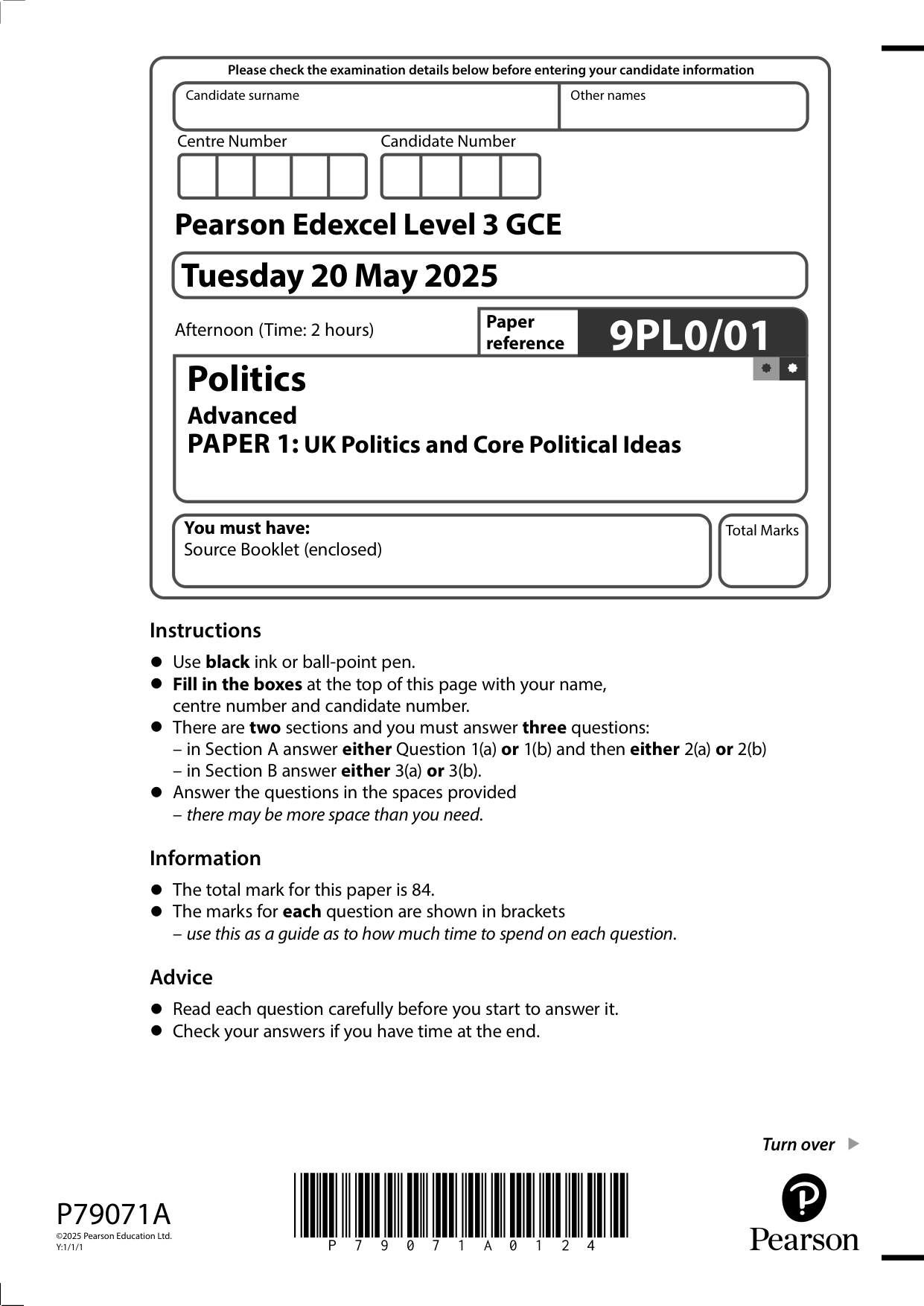 Pearson Edexcel A Level Politics Paper 1 2025 Question Paper