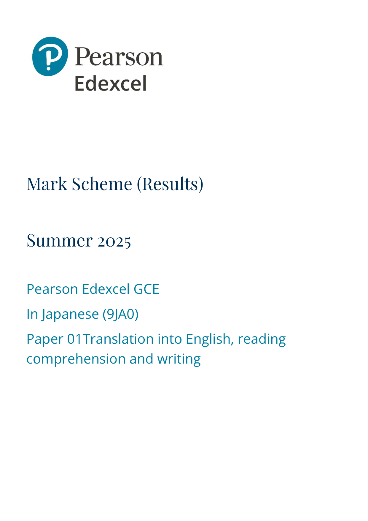 Pearson Edexcel A Level Japanese Paper 1 2025 Mark Scheme