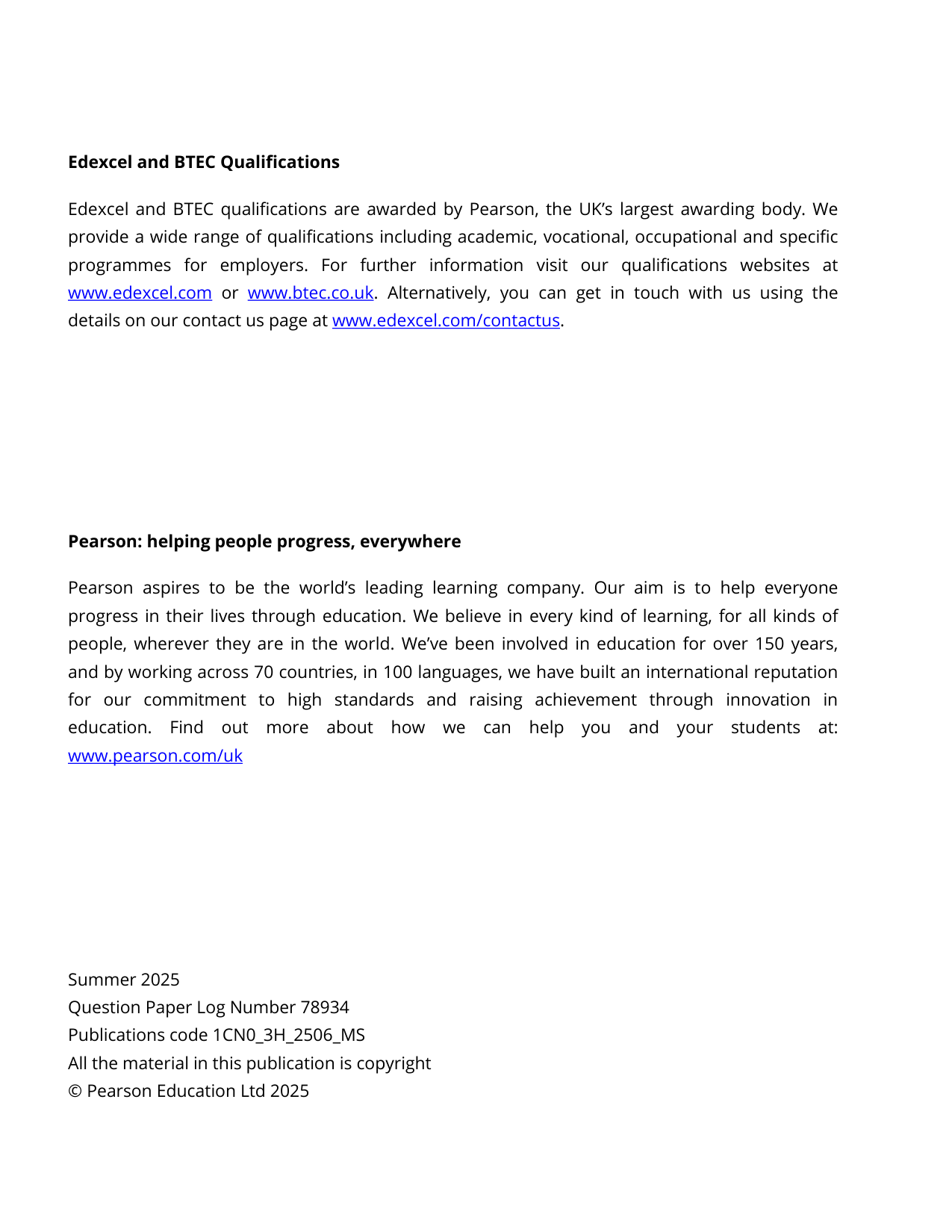 Pearson Edexcel GCSE Chinese Paper 3H 2025 Mark Scheme