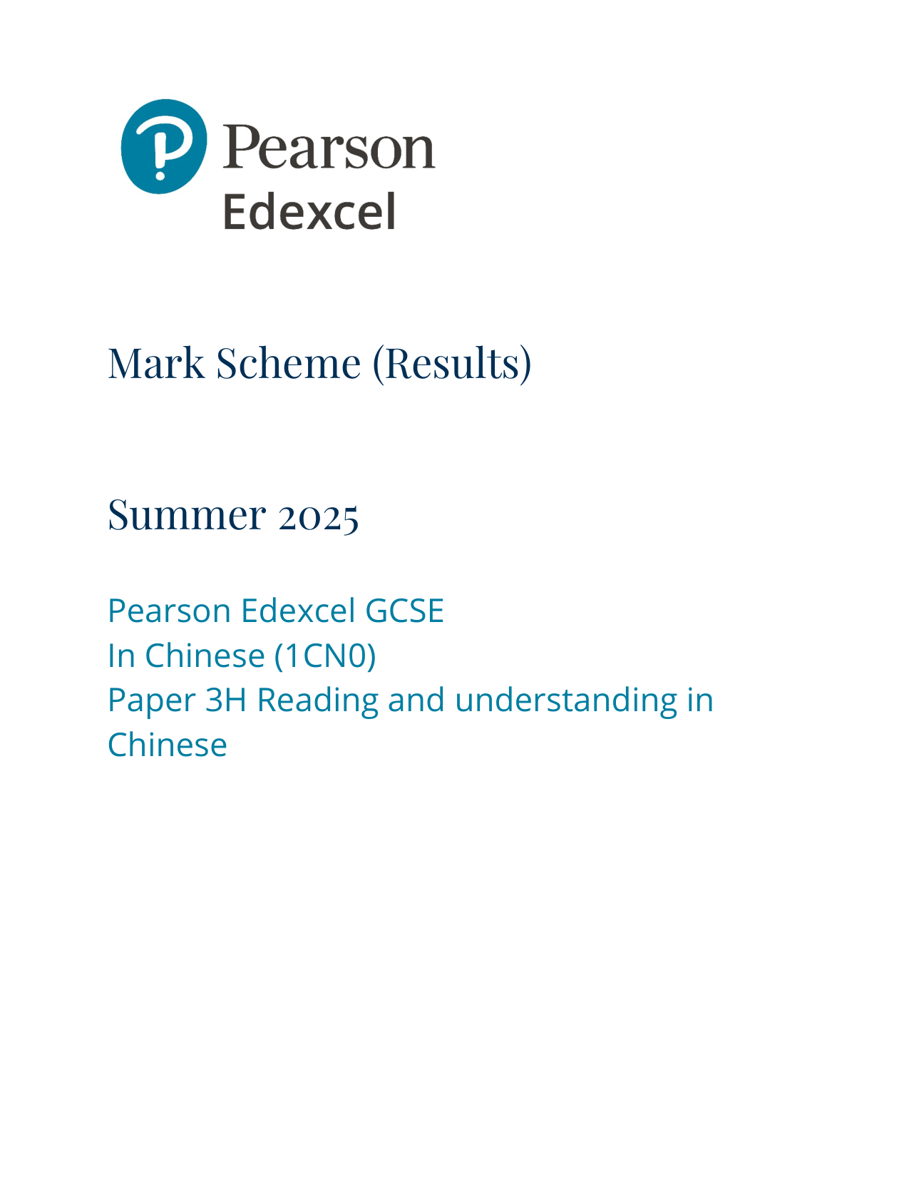 Pearson Edexcel GCSE Chinese Paper 3H 2025 Mark Scheme