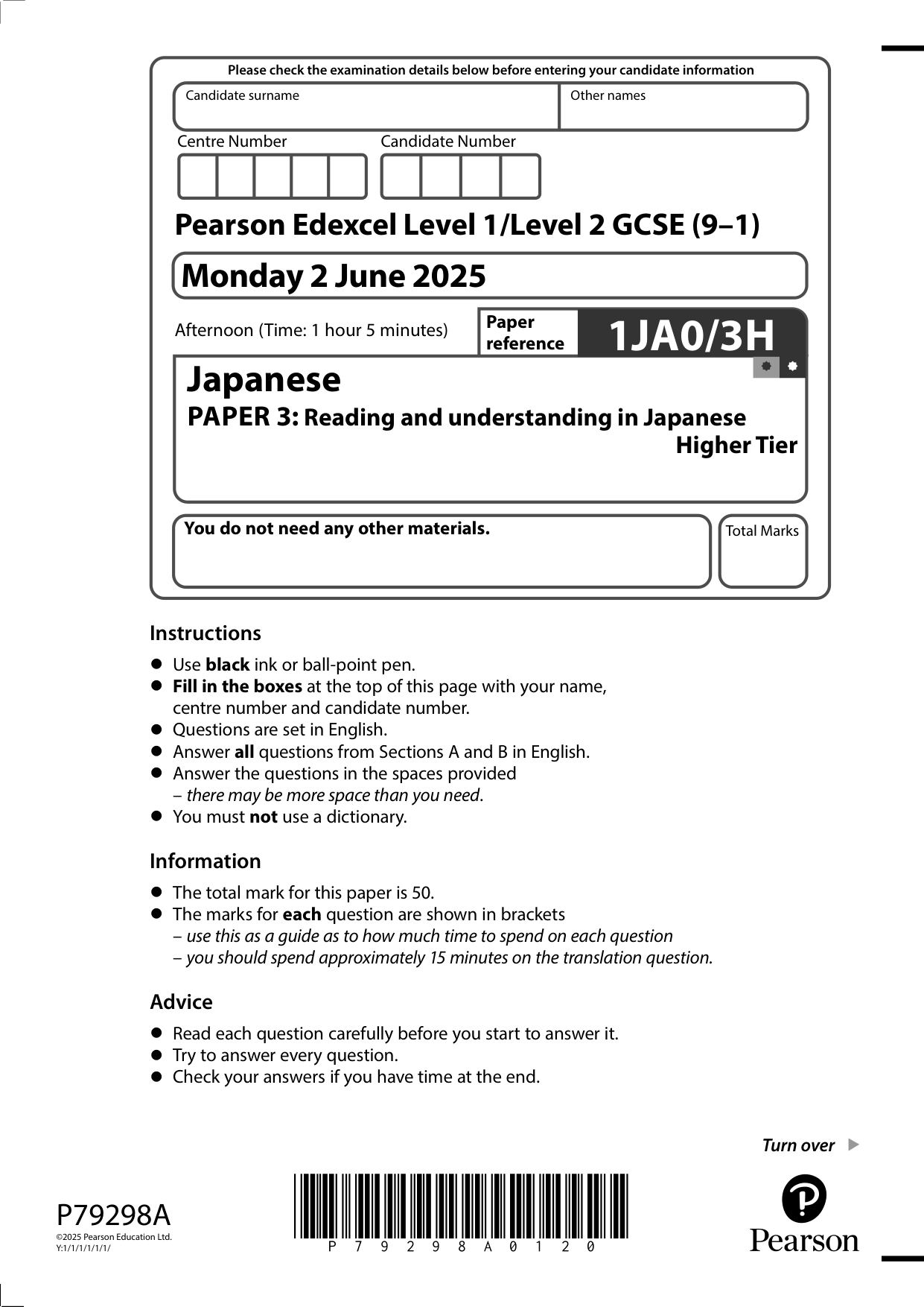 Pearson Edexcel GCSE Japanese Paper 3H 2025 Question Paper