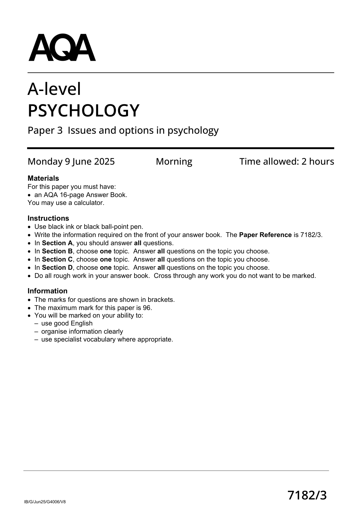 AQA A Level Psychology Paper 3 2025 Question Paper