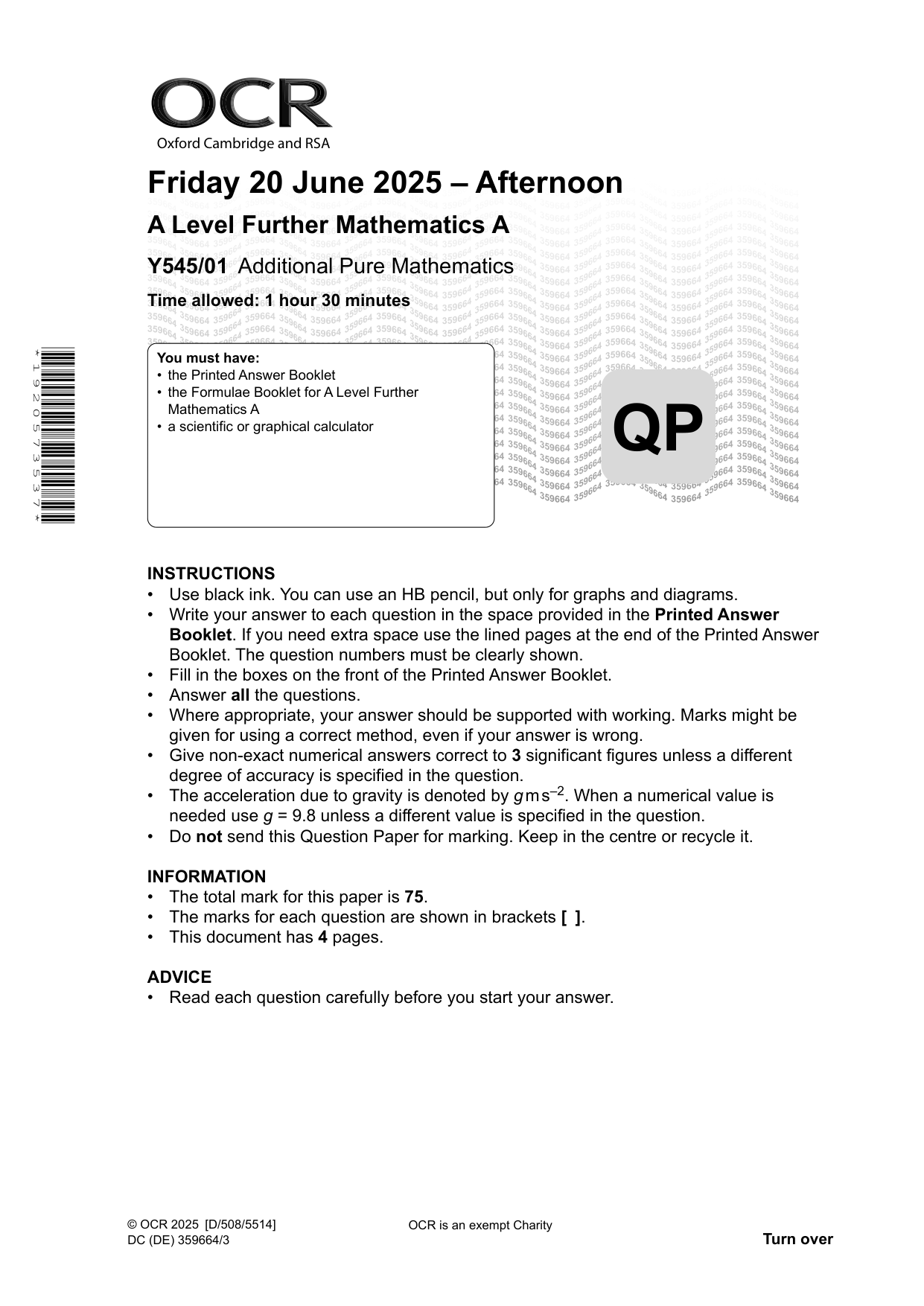 OCR A Level Further Mathematics Paper 1 2025 Question Paper