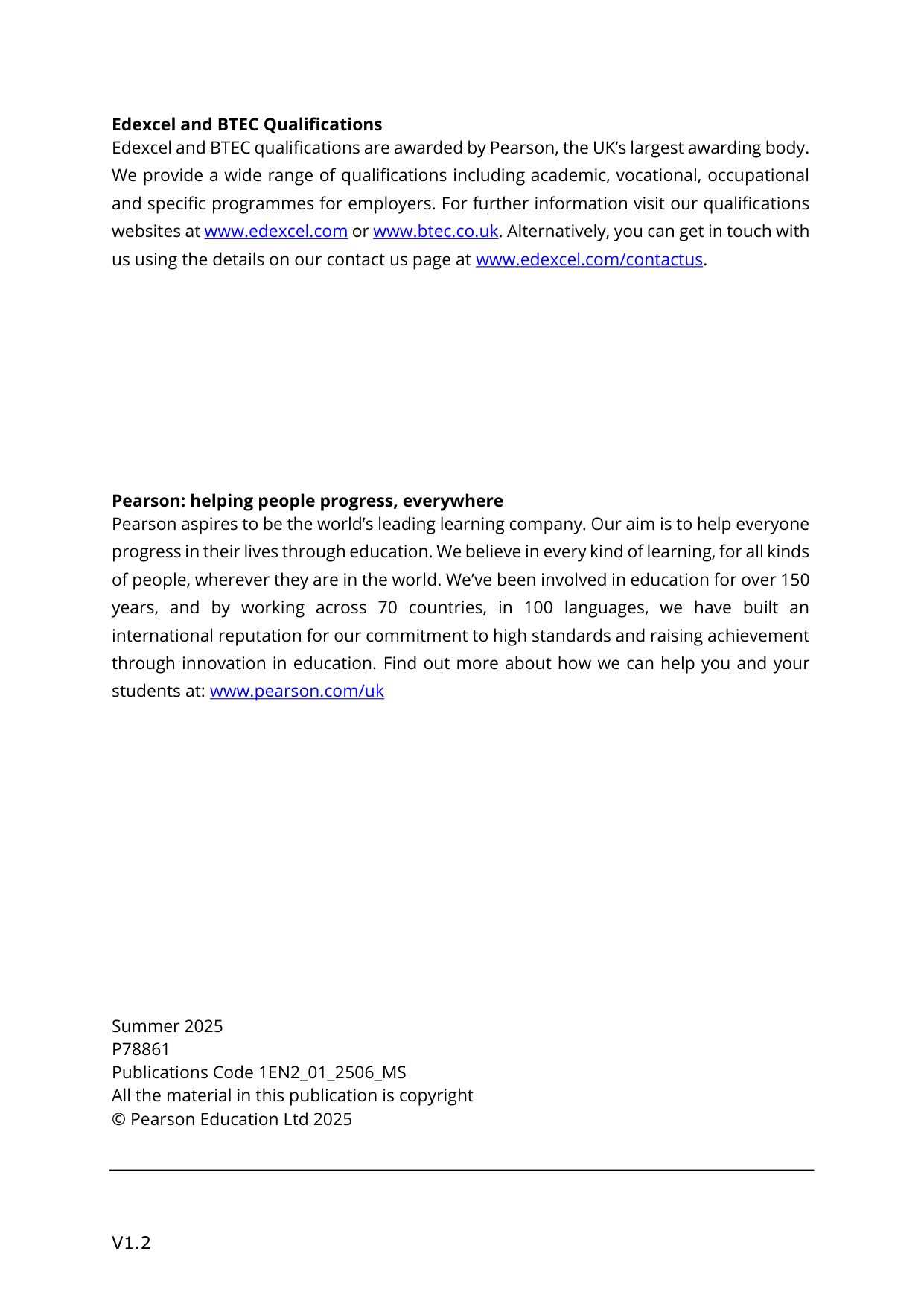 Pearson Edexcel GCSE English Language 2.0 Paper 1 2025 MS