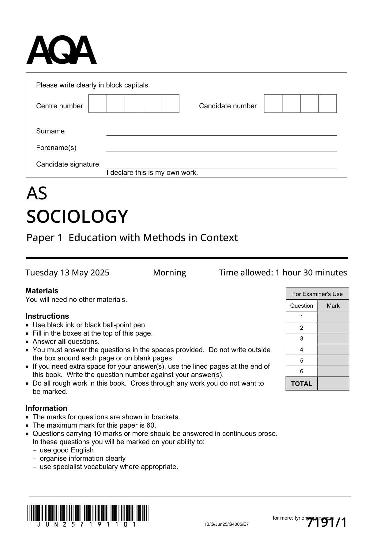 AQA AS Sociology Paper 1 2025 Question Paper