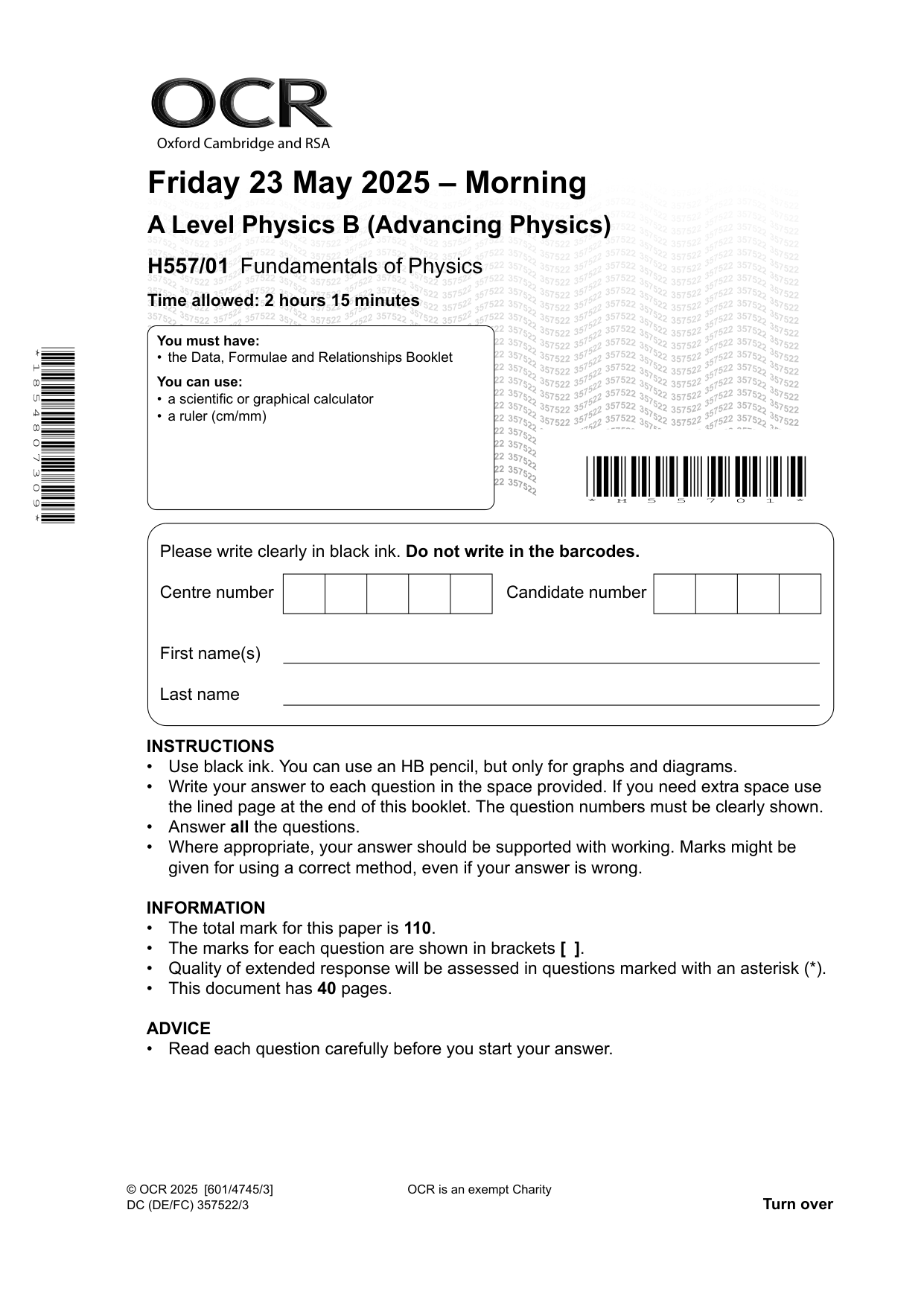 OCR A Level Physics B Paper 1 2025 Question Paper