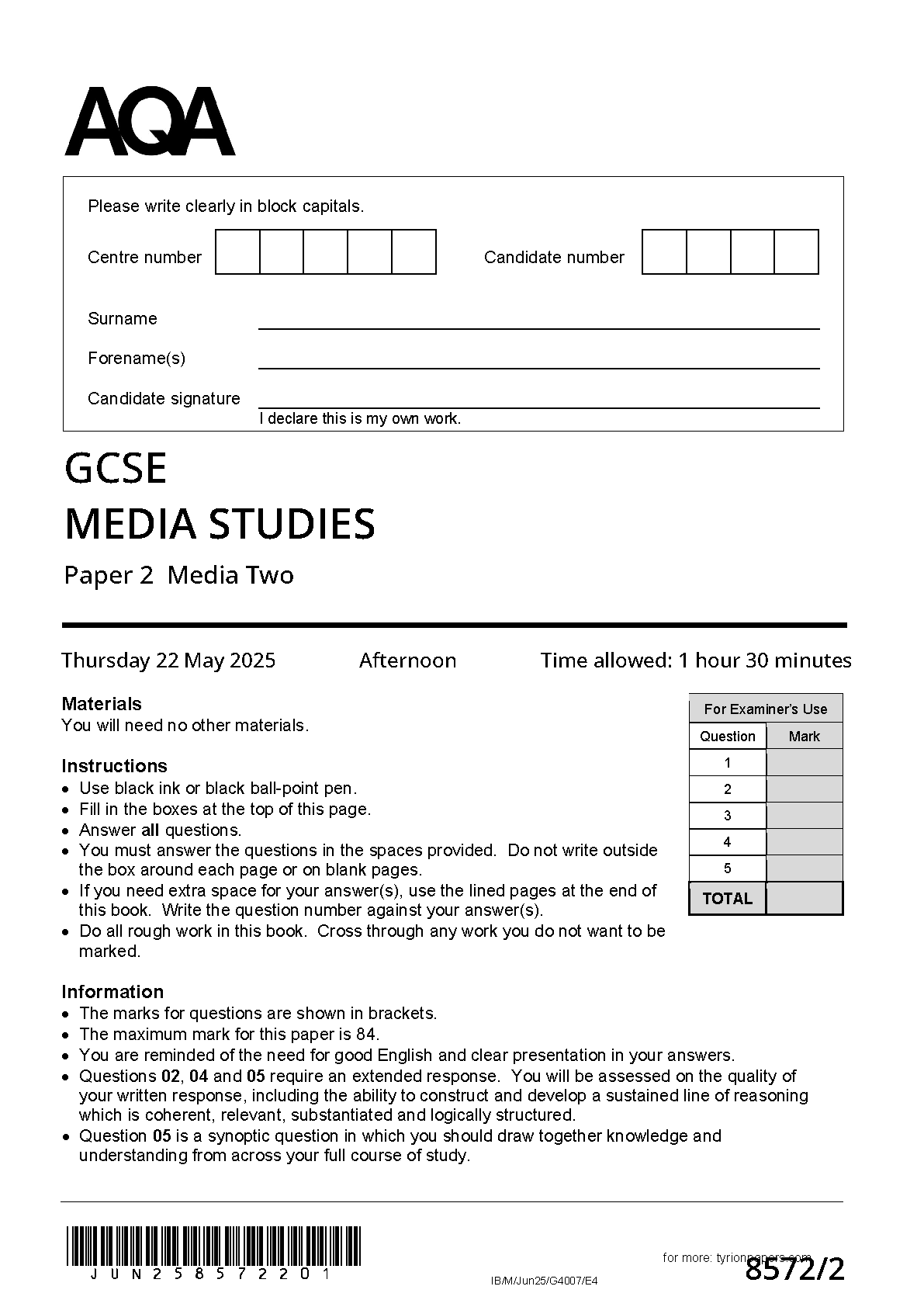 AQA GCSE Media Studies Paper 2 2025 Question Paper IMG-1