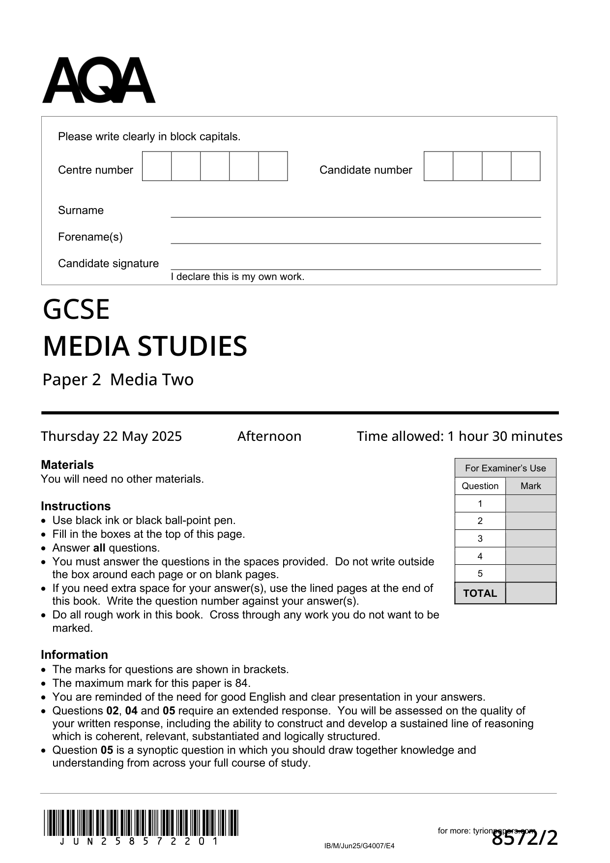 AQA GCSE Media Studies Paper 2 2025 Question Paper