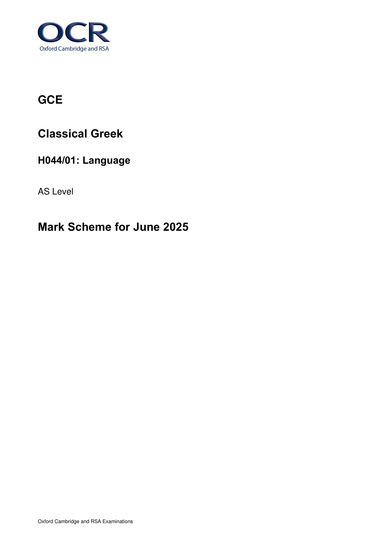 OCR AS Level Classical Greek Paper 1 Mark Scheme