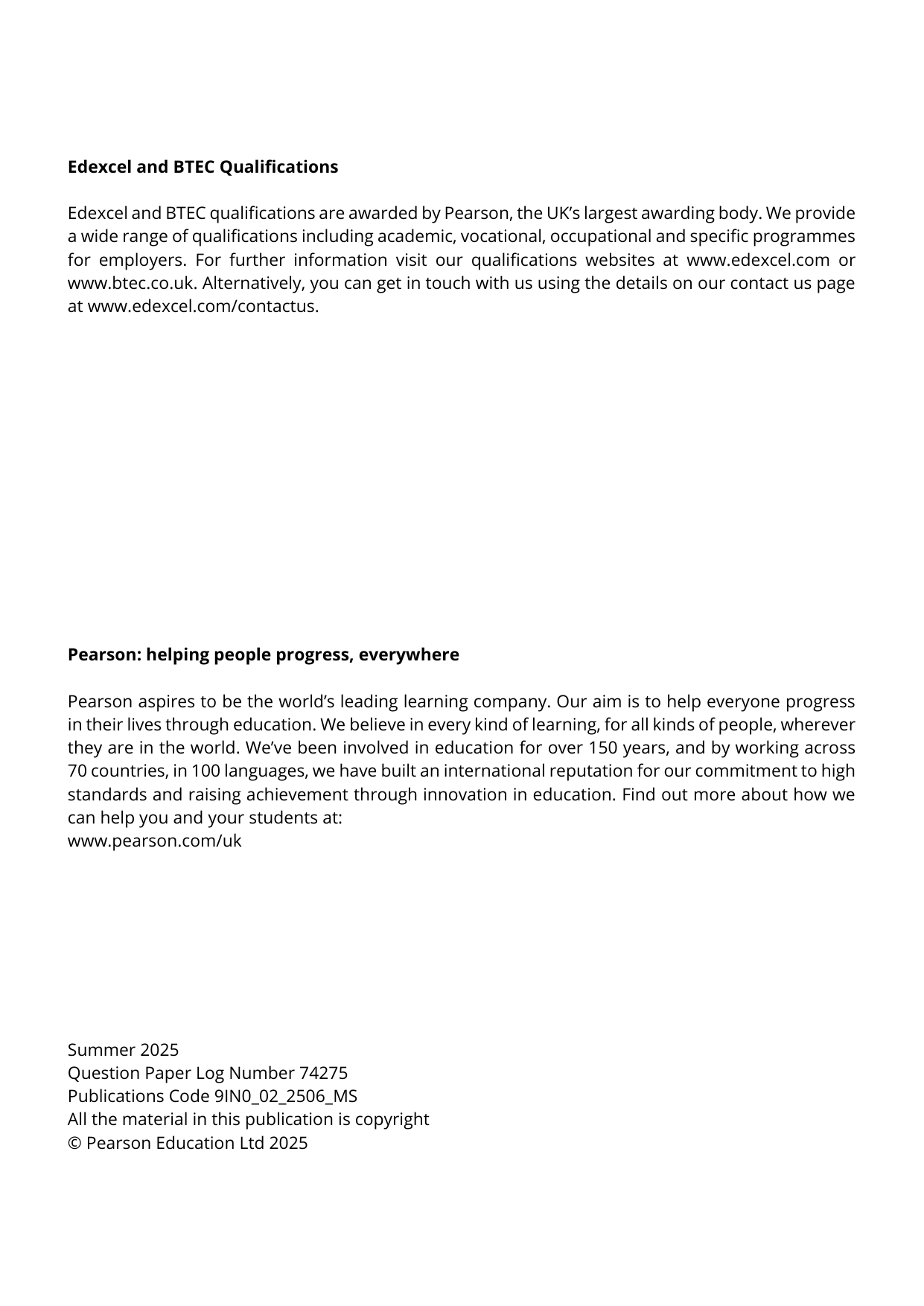 Pearson Edexcel A Level Italian Paper 2 2025 Mark Scheme
