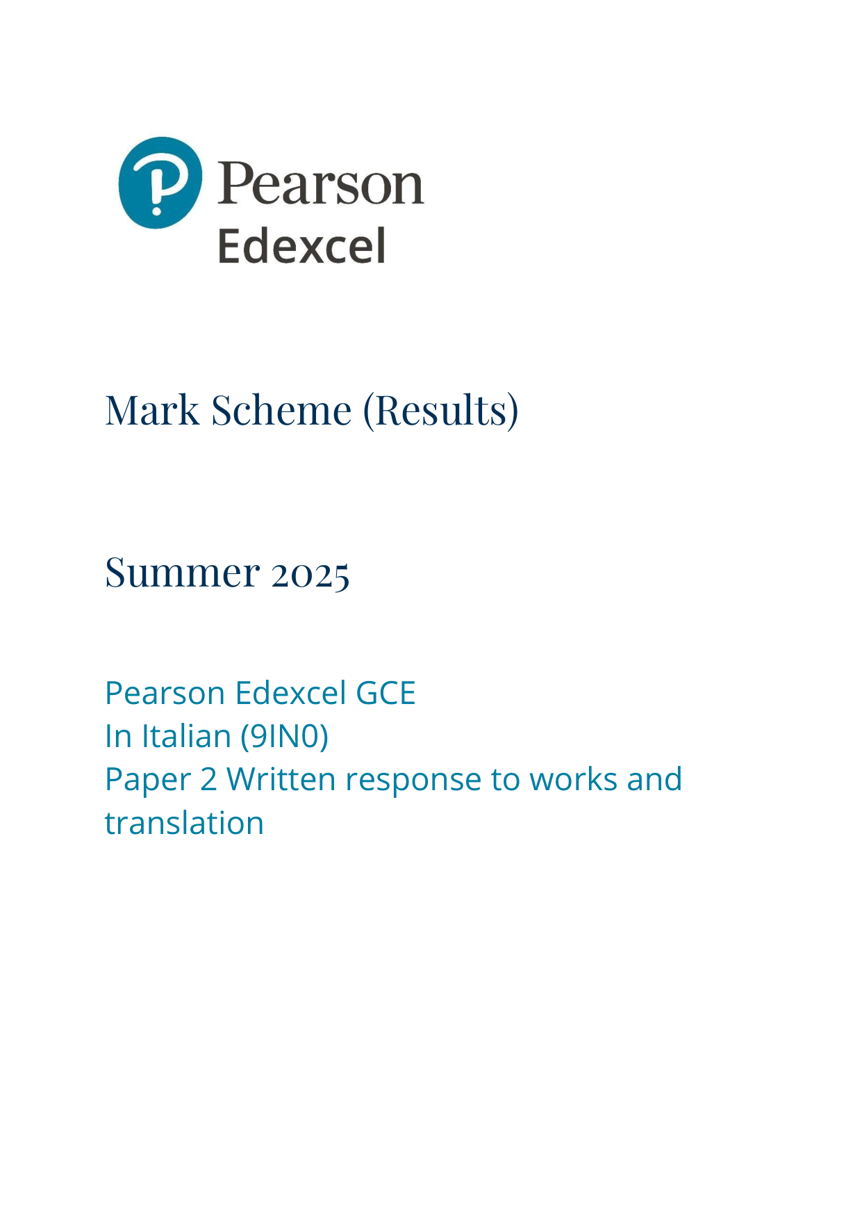 Pearson Edexcel A Level Italian Paper 2 2025 Mark Scheme