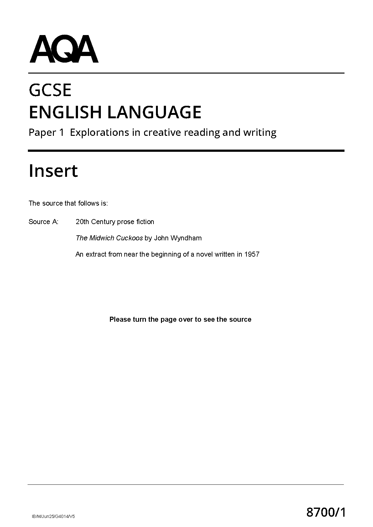 AQA GCSE English Language Paper 1 2025 Insert PDF