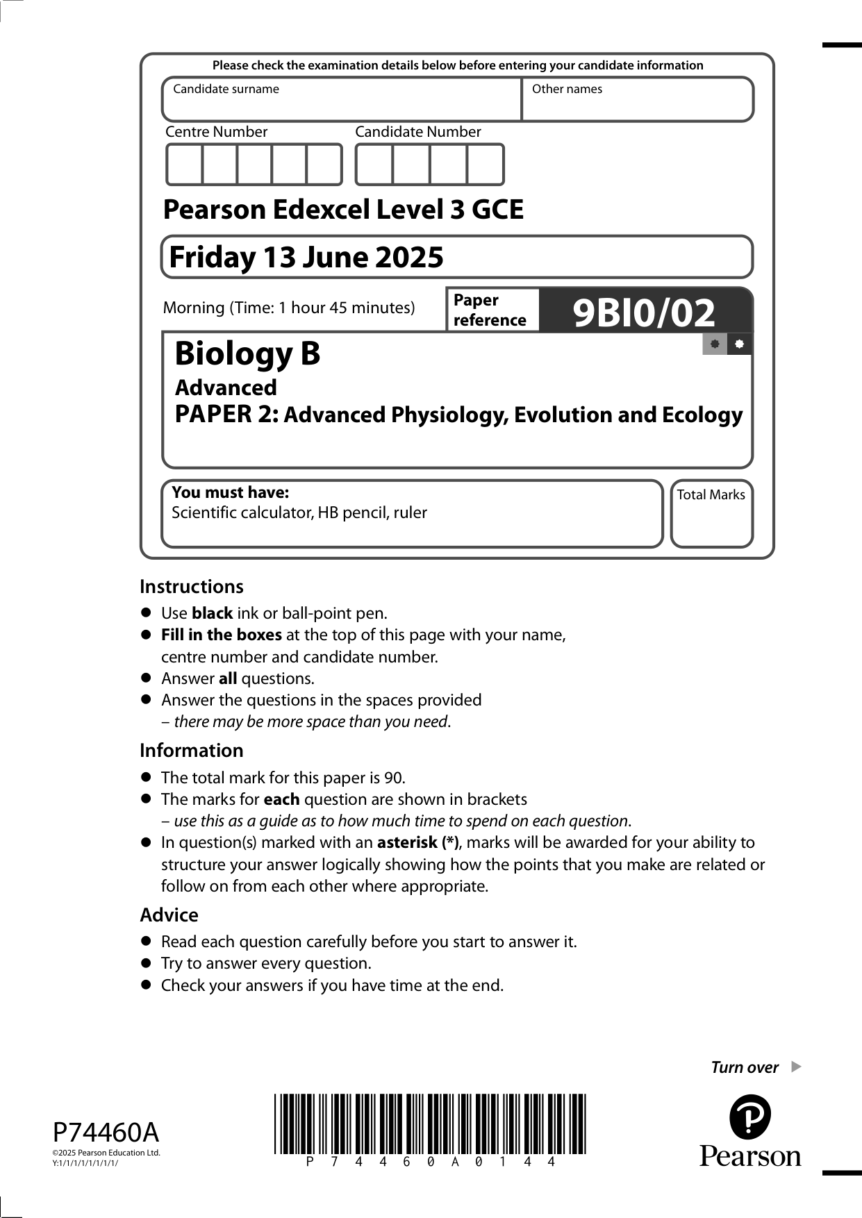 Pearson Edexcel A Level Biology B Paper 2 2025 QP