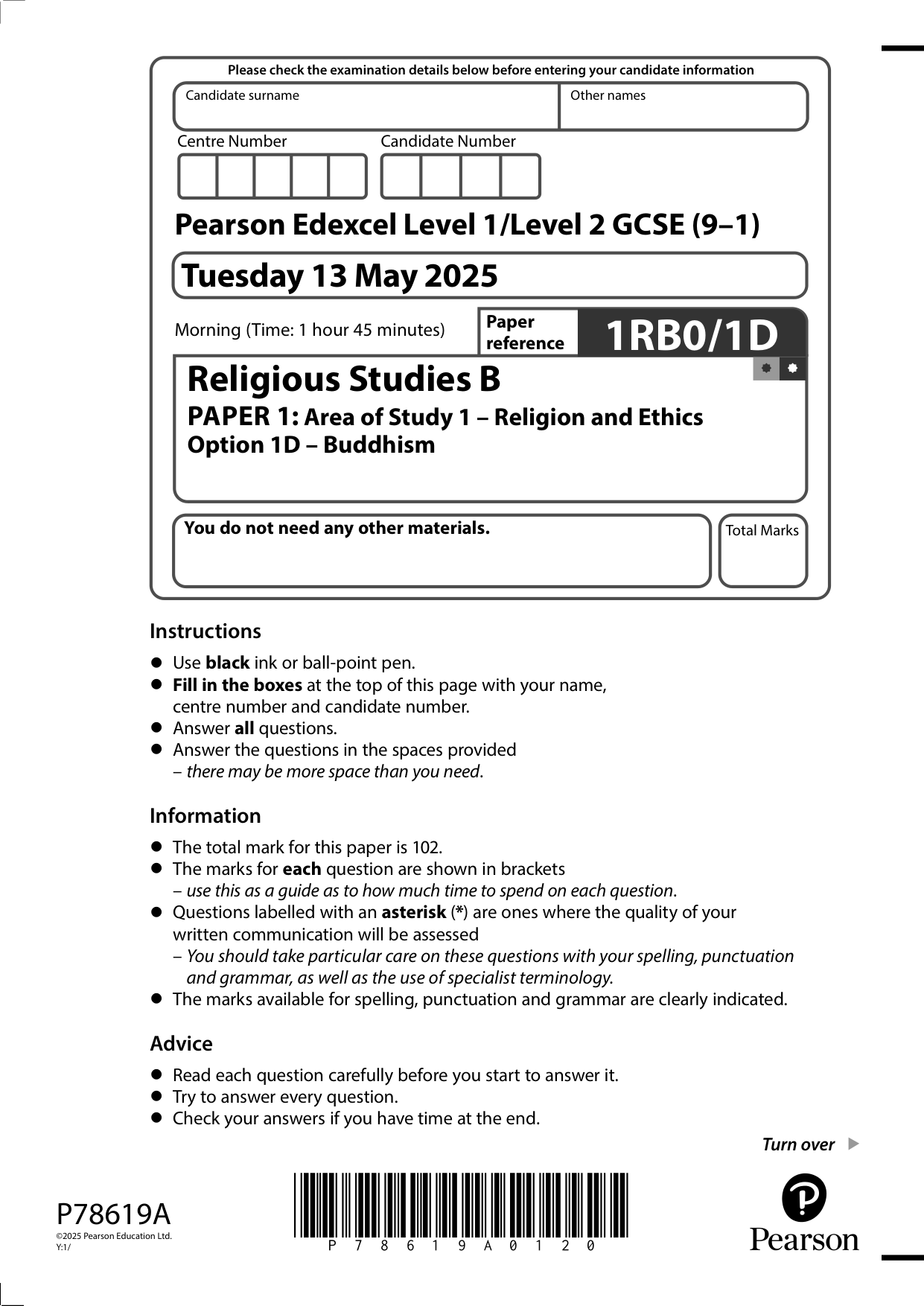 Pearson Edexcel GCSE Religious Studies Paper 1 2025