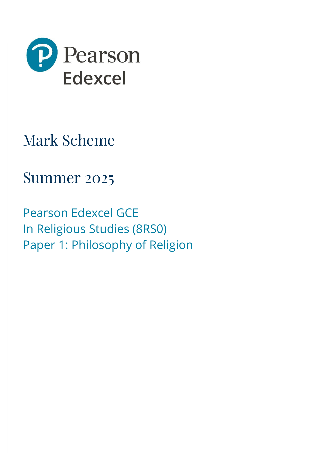 Pearson Edexcel AS Religious Studies Paper 1 2025 Ms