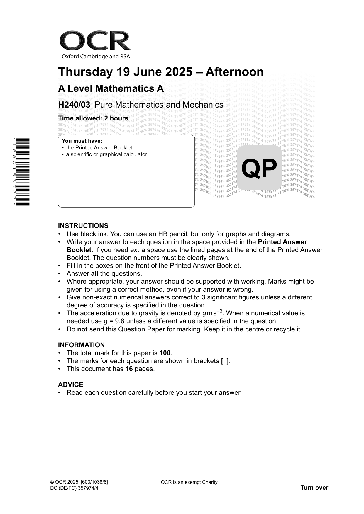 OCR A Level Mathematics A Paper 3 2025 Question Paper