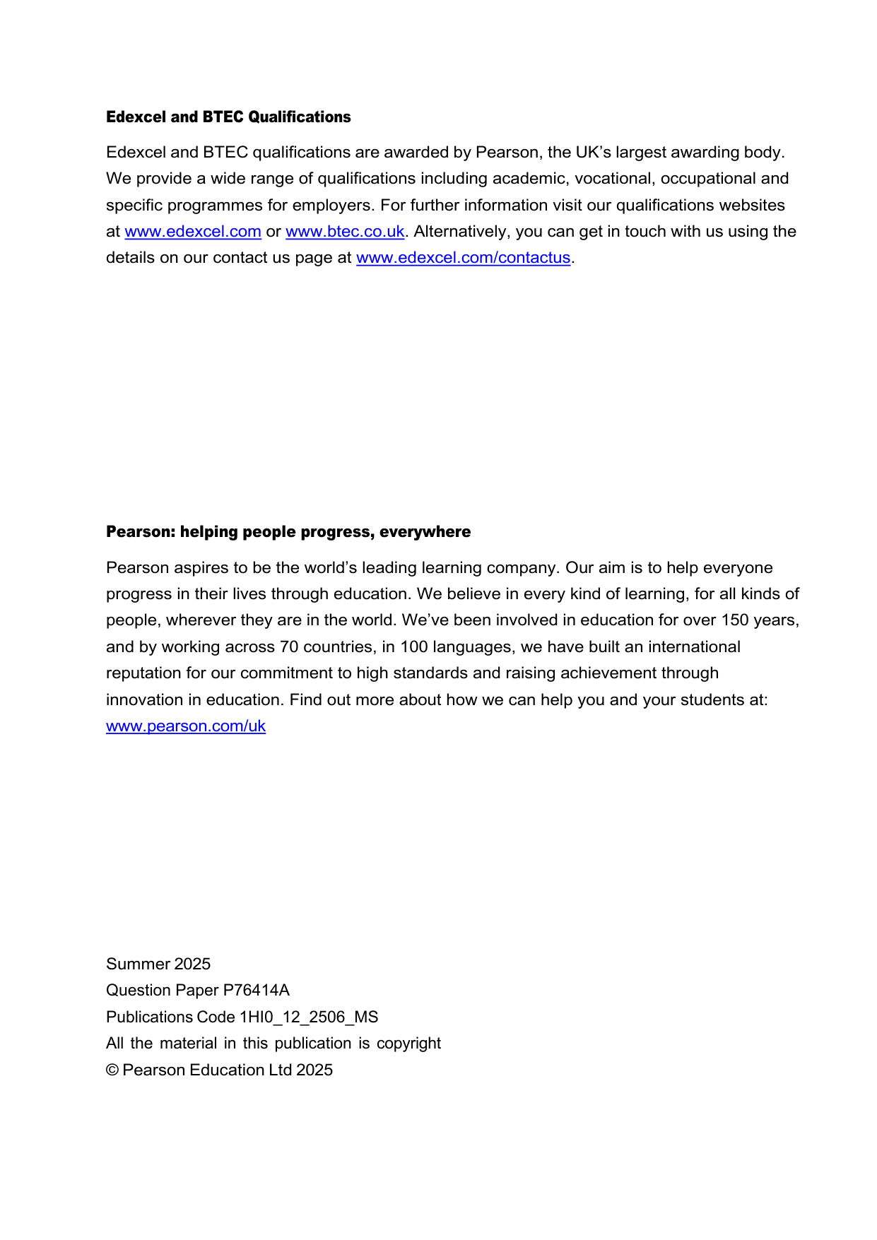 Pearson Edexcel GCSE History Paper 1 Option 12 2025 MS