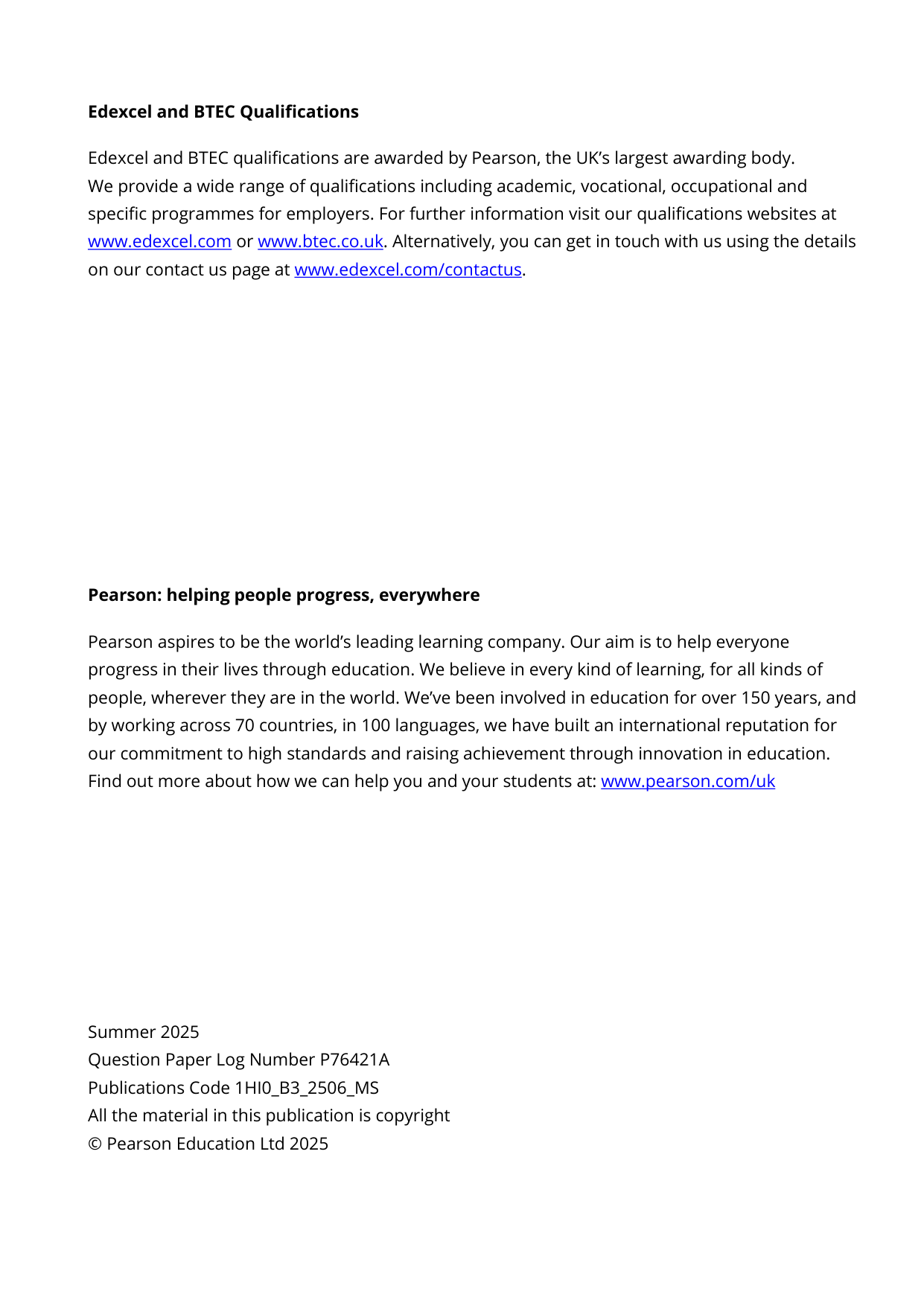 Pearson Edexcel GCSE History Paper B3 2025 Mark Scheme