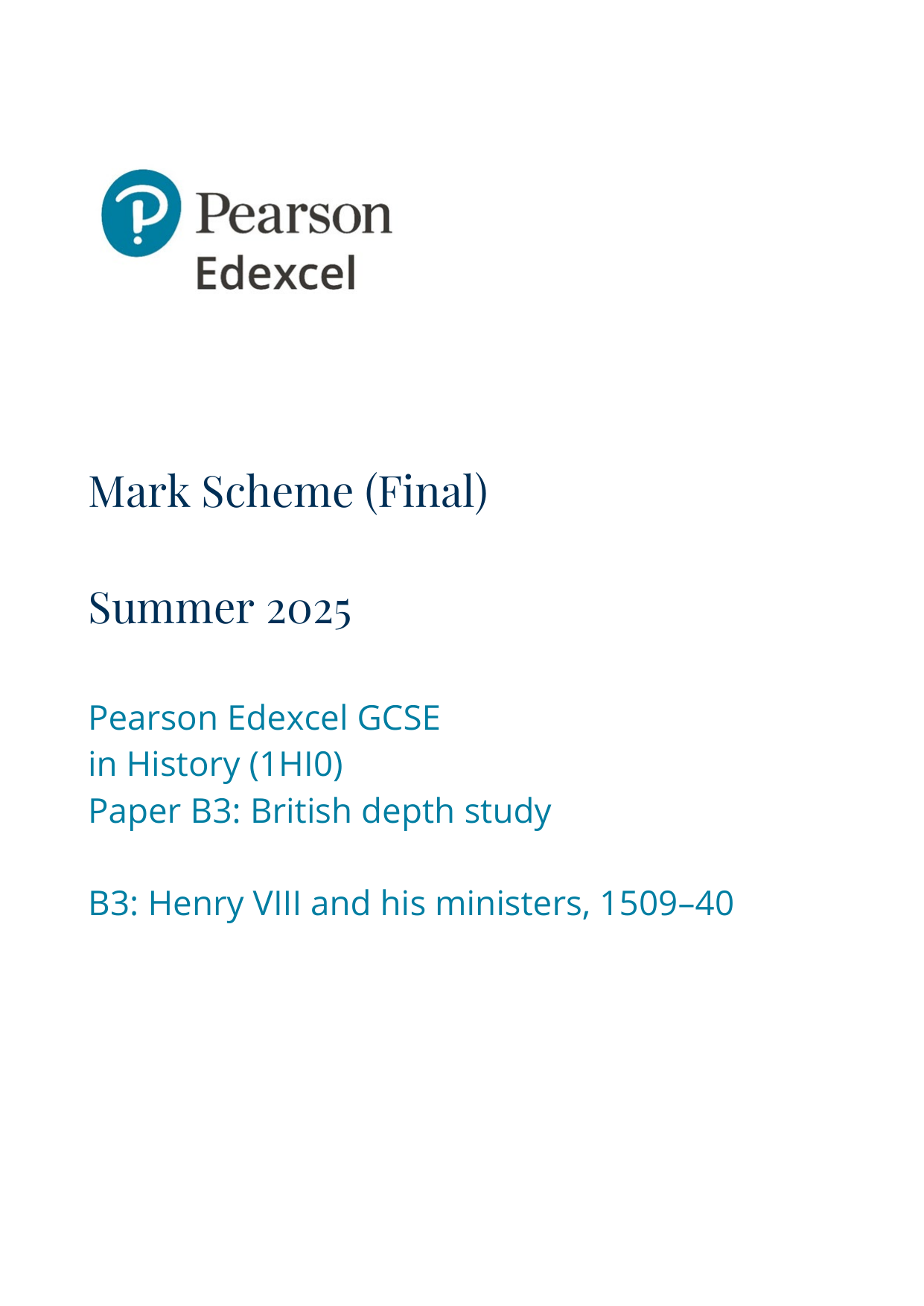 Pearson Edexcel GCSE History Paper B3 2025 Mark Scheme