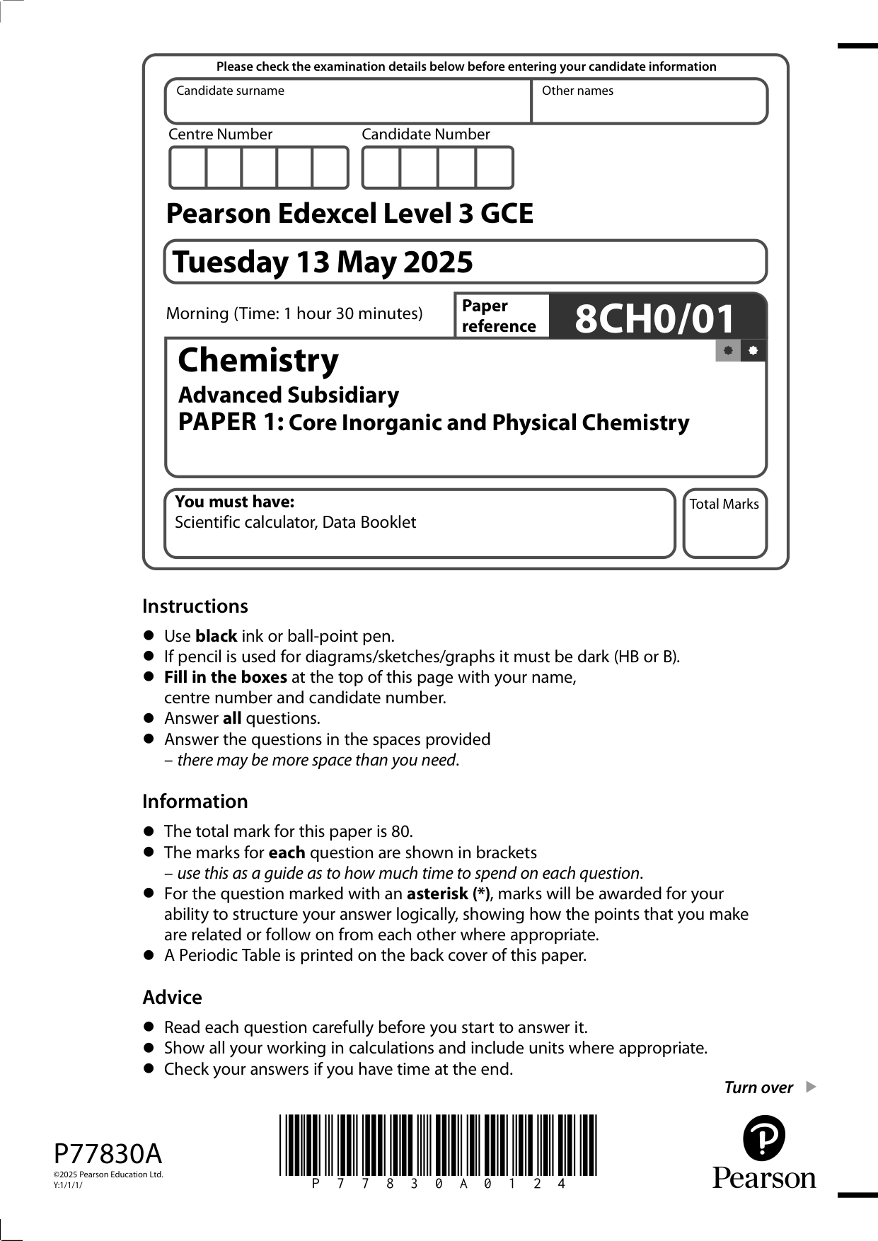 Pearson Edexcel AS Chemistry Paper 1 2025 Question Paper