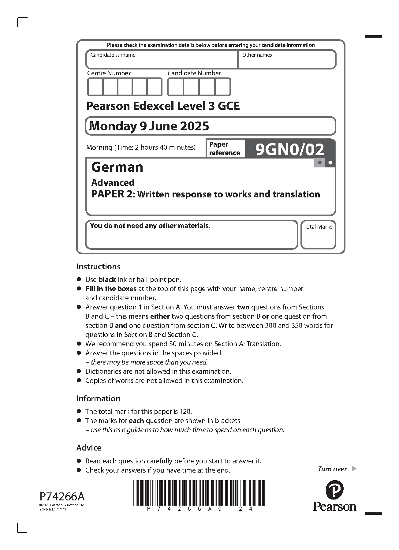 Pearson Edexcel A Level German 2025 Paper 2 Question Paper IMG-1