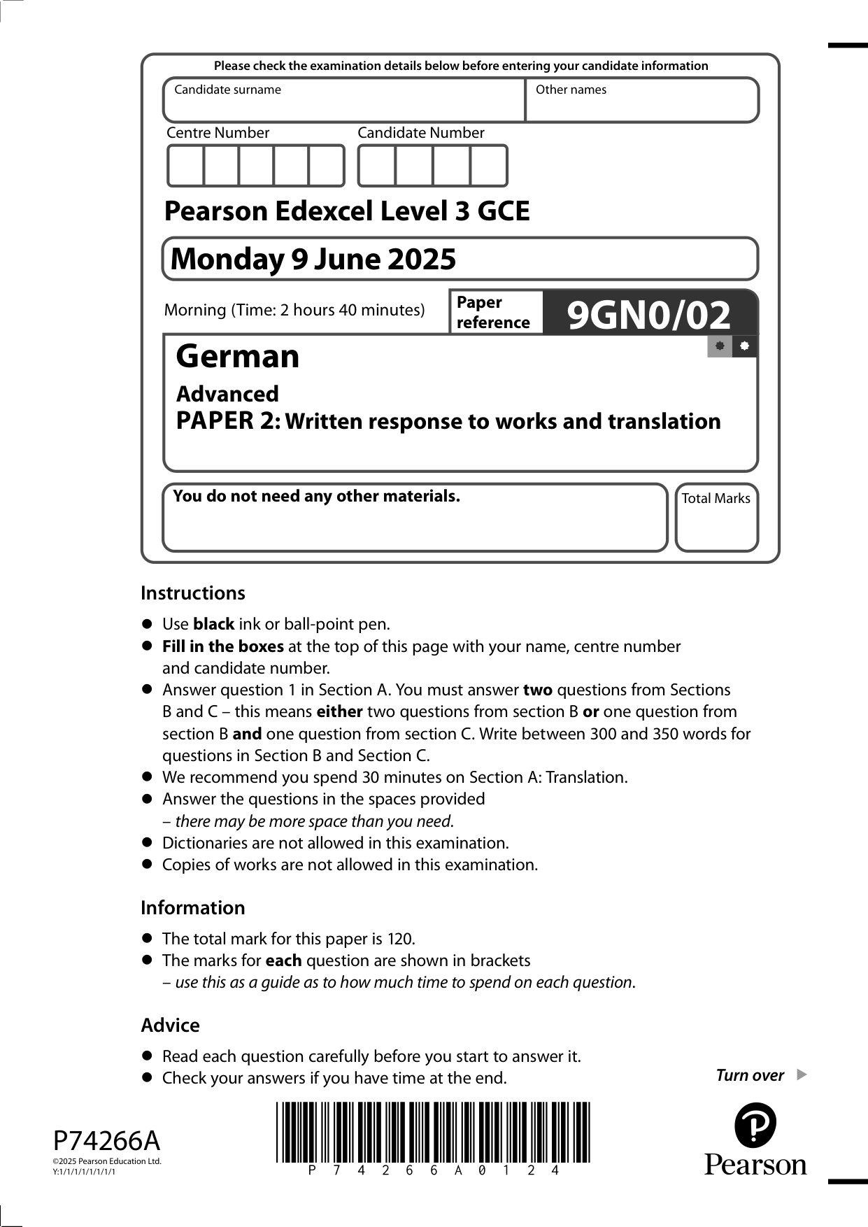 Pearson Edexcel A Level German 2025 Paper 2 Question Paper