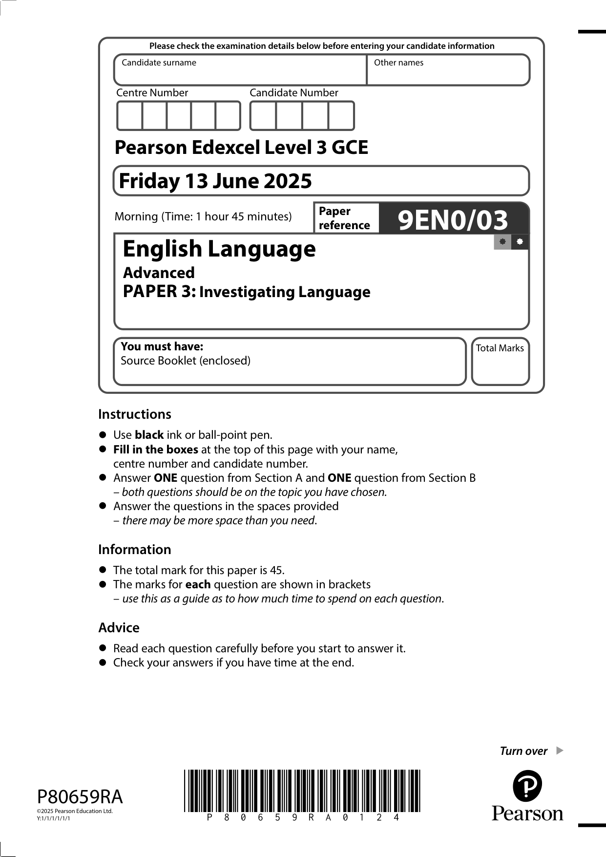 Pearson Edexcel A Level English Language Paper 3 QP