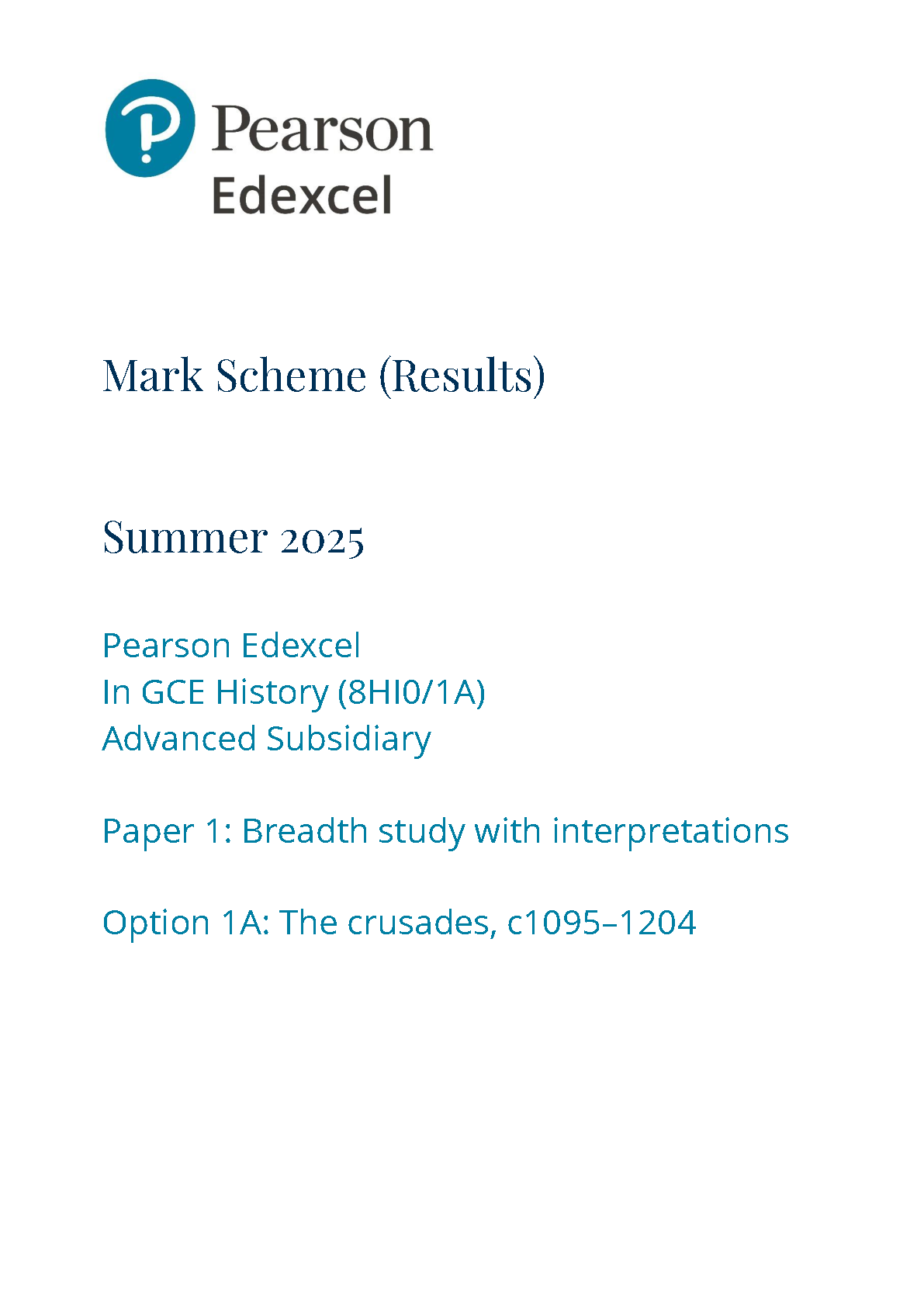 Pearson Edexcel AS History Paper 1A 2025 Mark Scheme PDF IMG-1