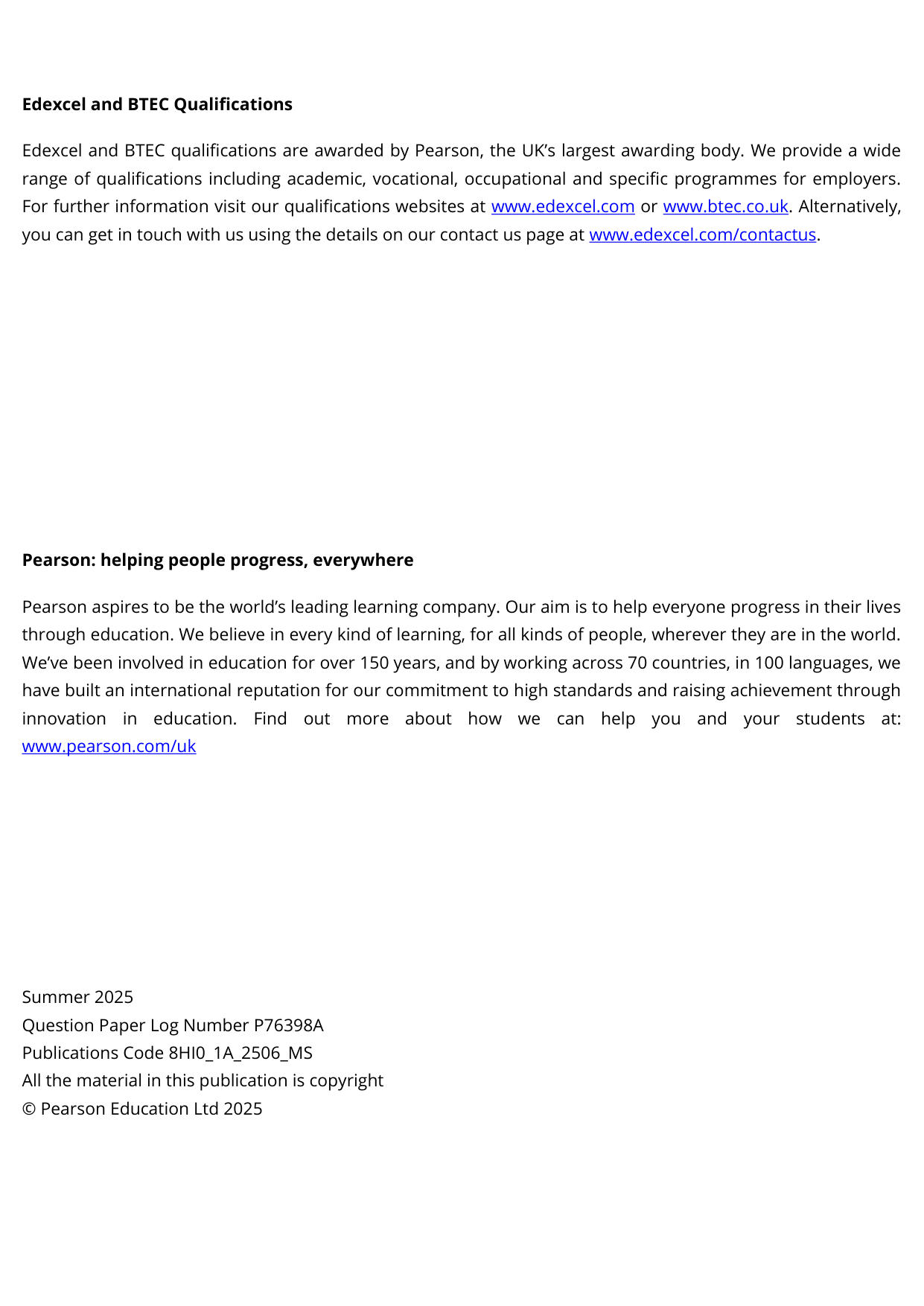 Pearson Edexcel AS History Paper 1A 2025 Mark Scheme PDF