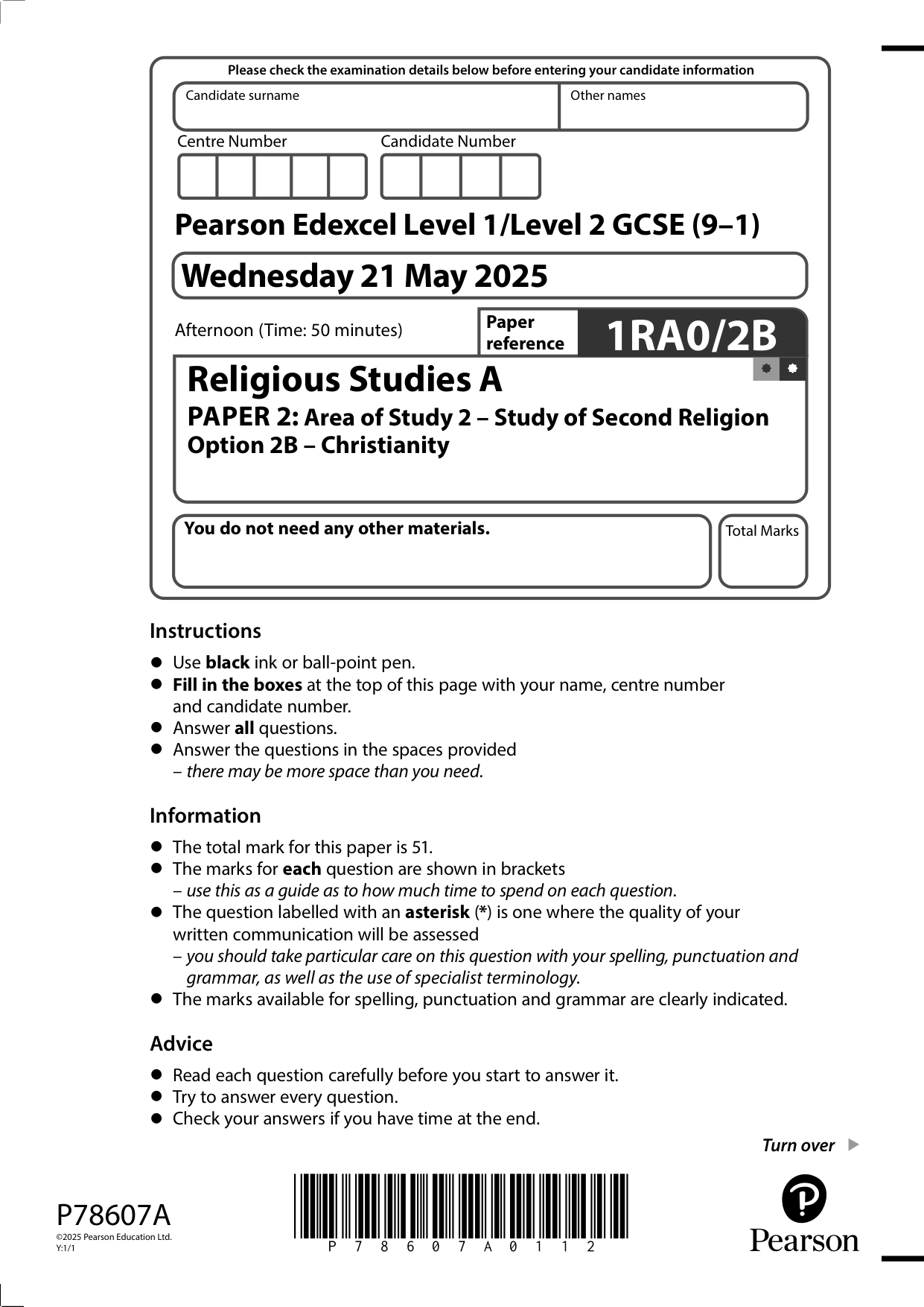Pearson Edexcel GCSE Religious Studies Paper 2b 2025 QP